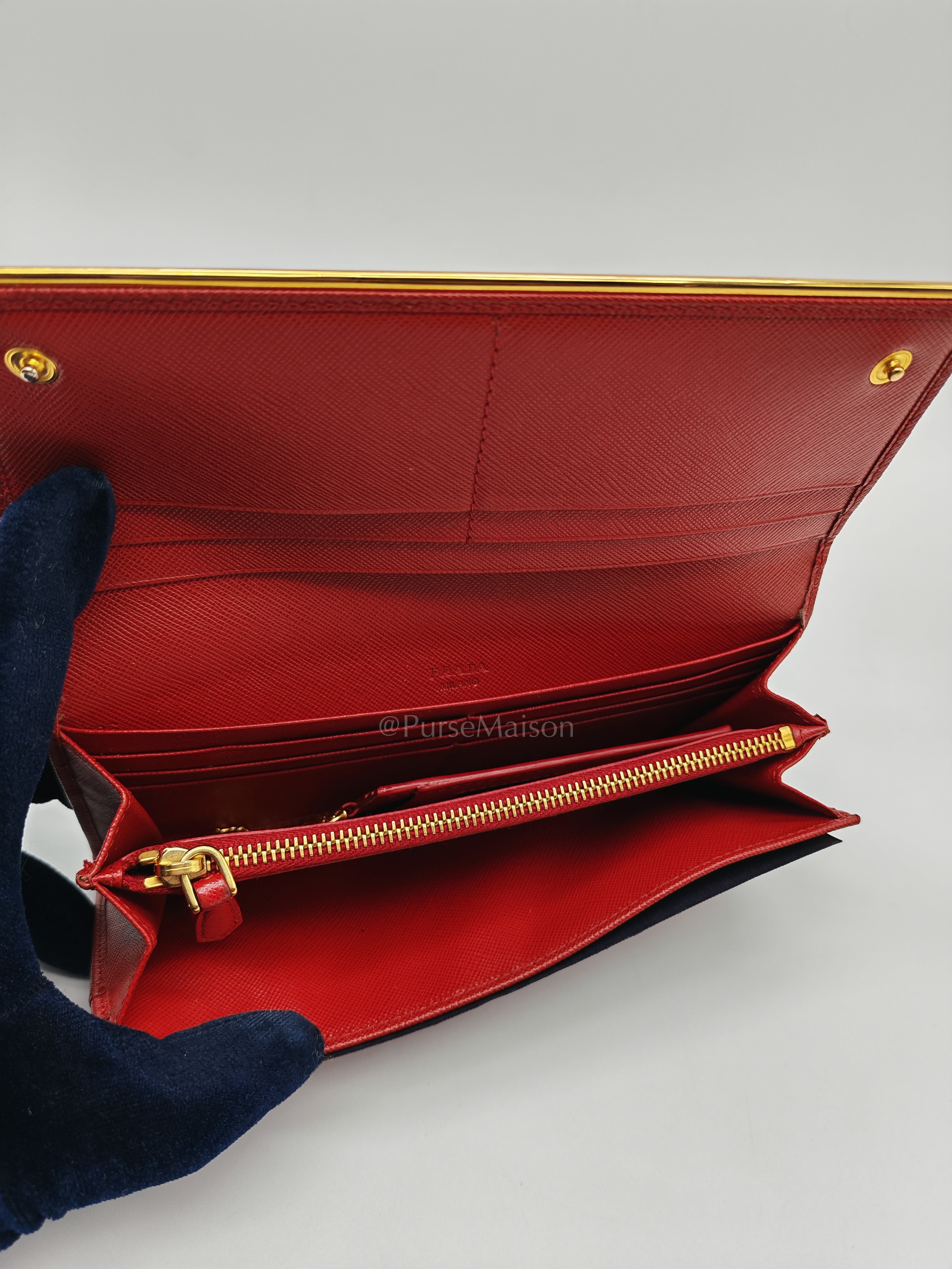 Saffiano Metal Long Wallet in Fiery Red & Gold Hardware | Purse Maison Luxury Bags Shop