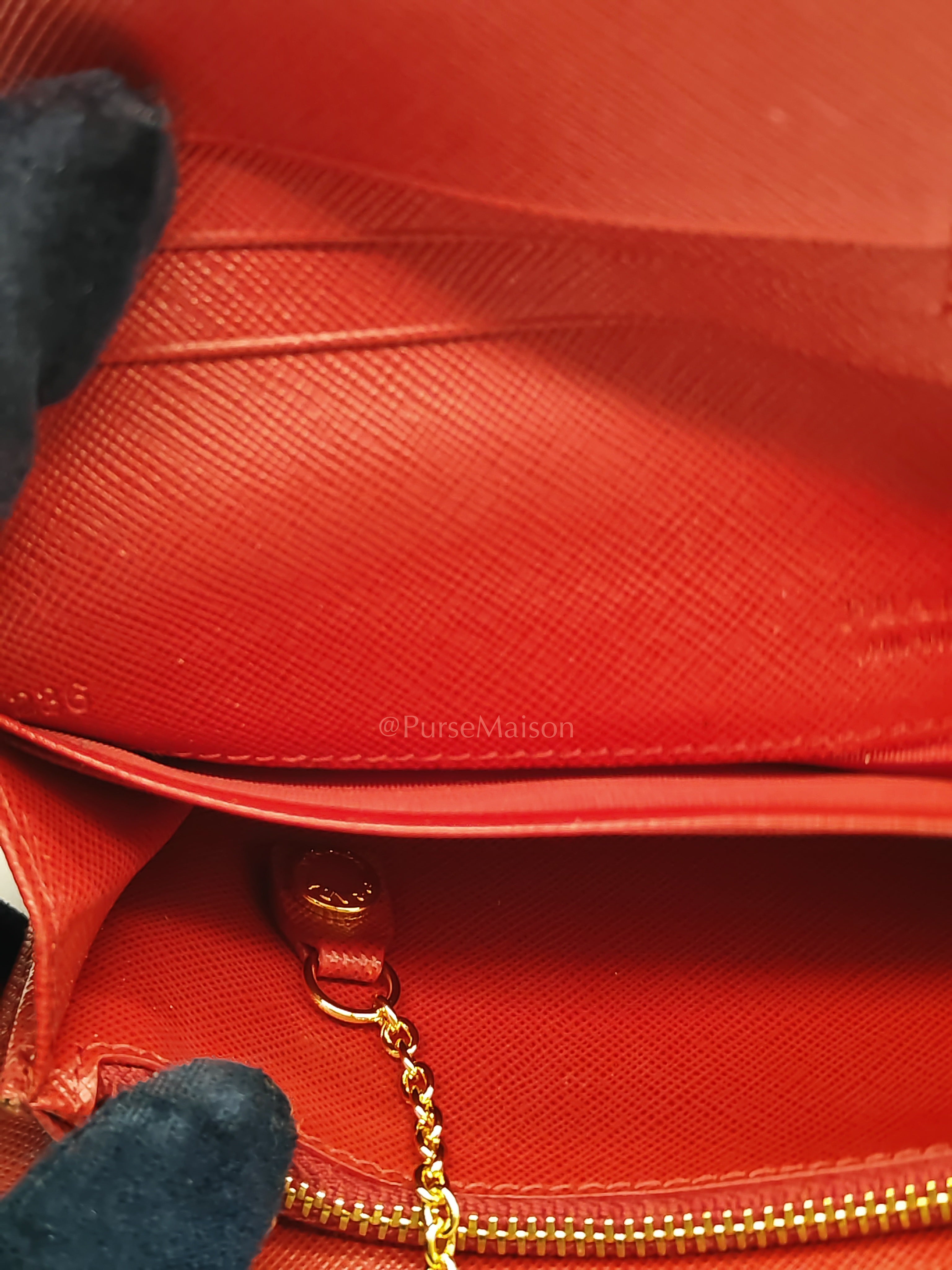 Saffiano Metal Long Wallet in Fiery Red & Gold Hardware | Purse Maison Luxury Bags Shop
