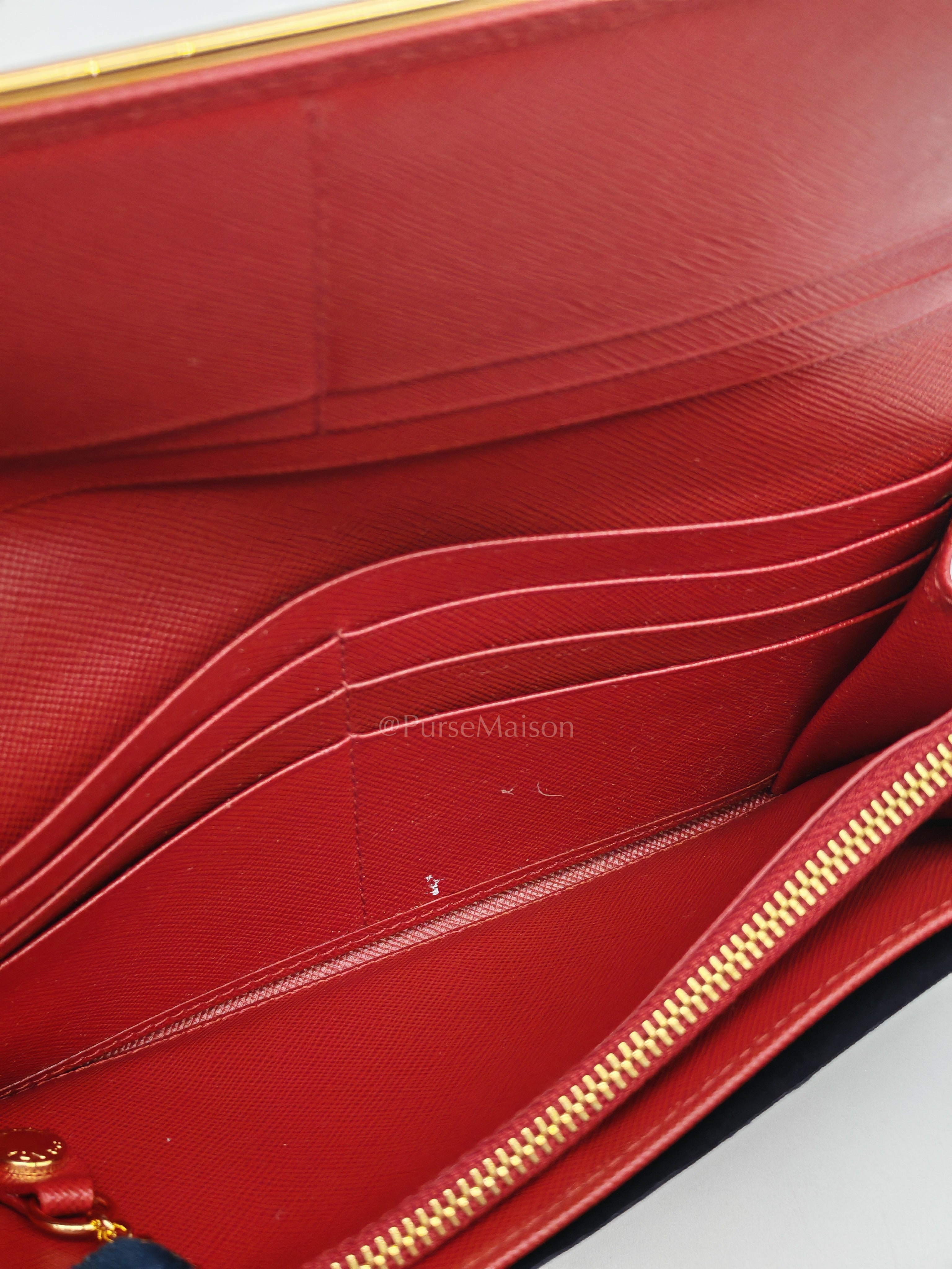 Saffiano Metal Long Wallet in Fiery Red & Gold Hardware | Purse Maison Luxury Bags Shop