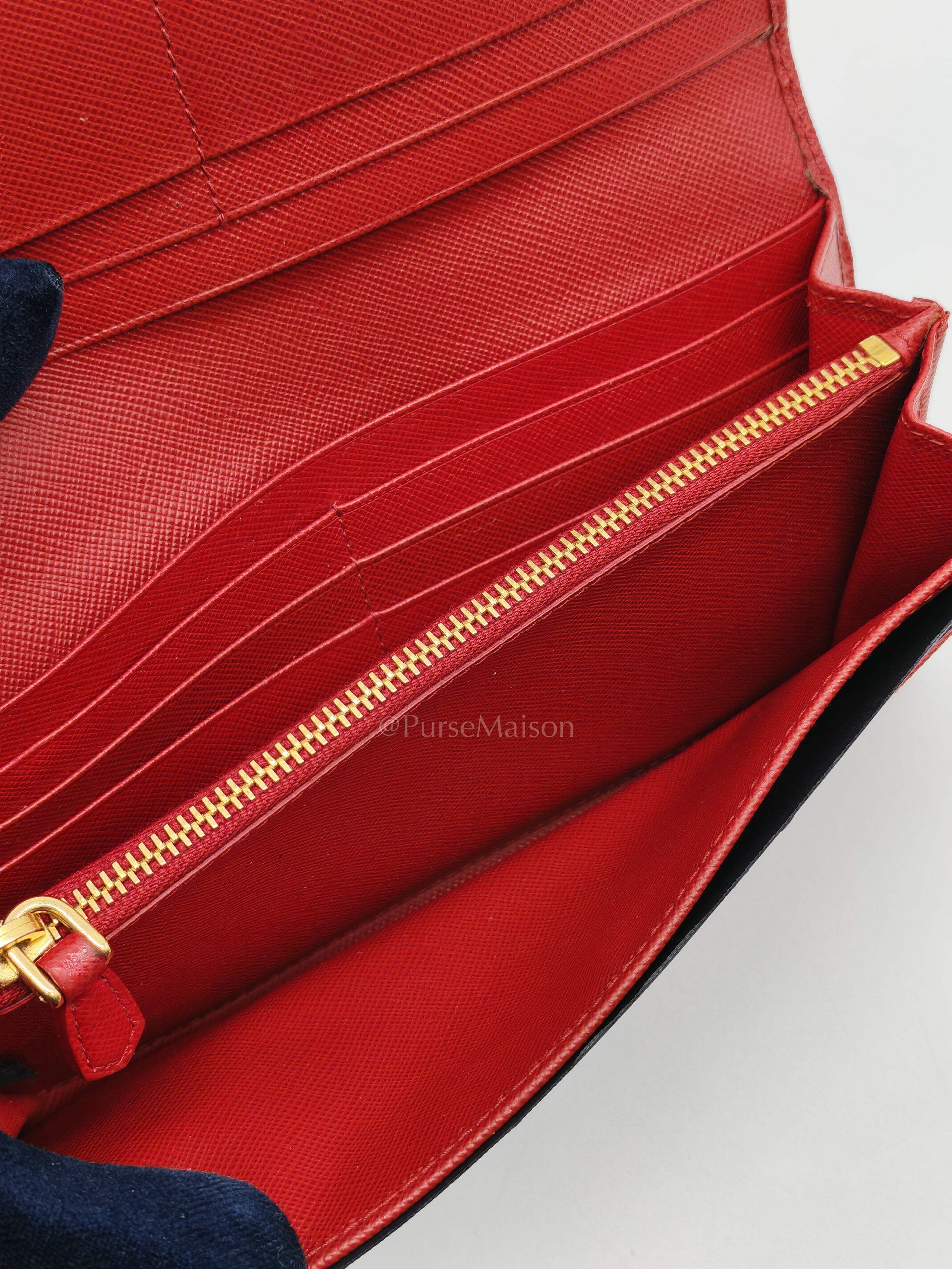 Saffiano Metal Long Wallet in Fiery Red & Gold Hardware | Purse Maison Luxury Bags Shop