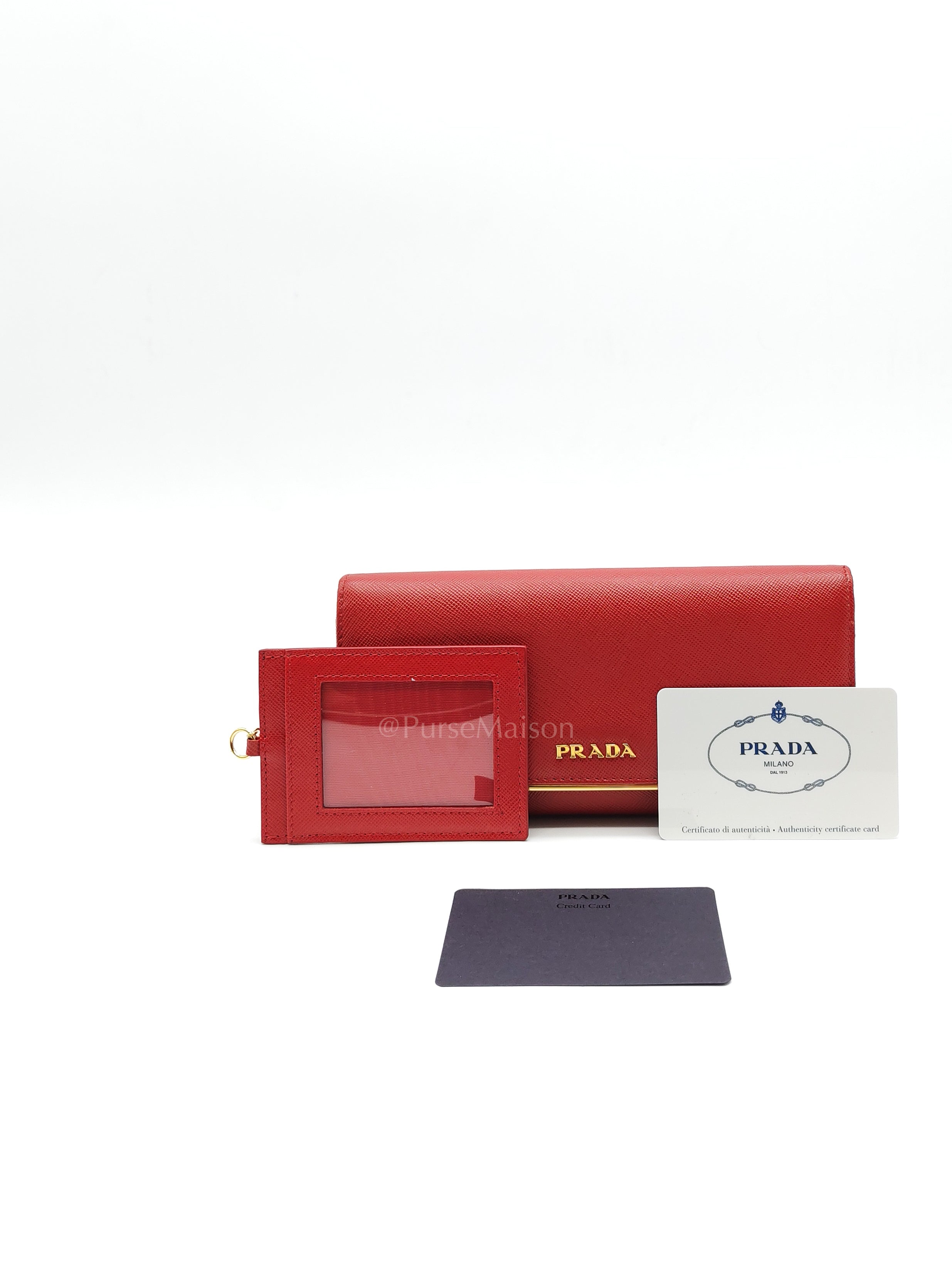 Saffiano Metal Long Wallet in Fiery Red & Gold Hardware | Purse Maison Luxury Bags Shop