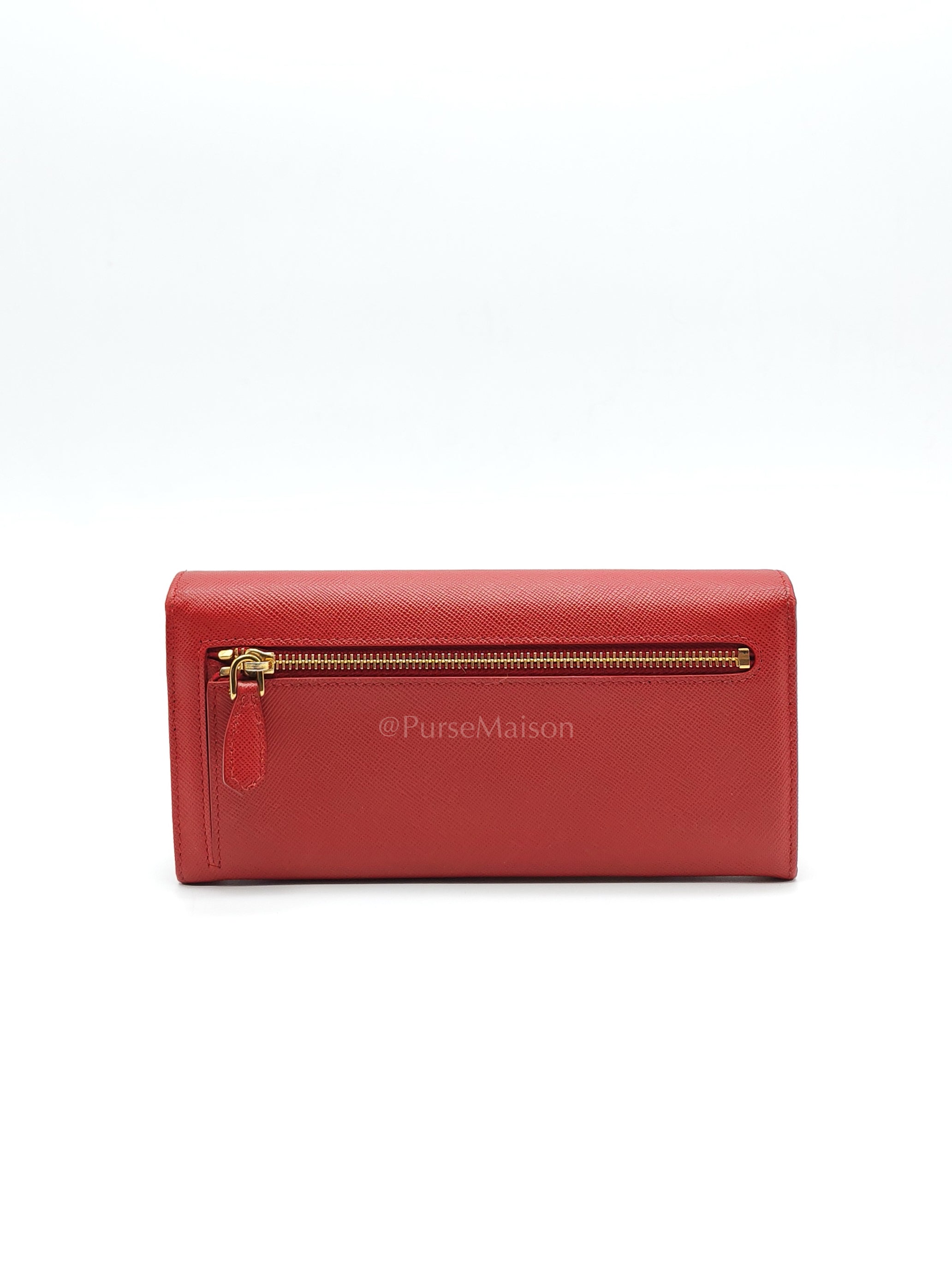 Saffiano Metal Long Wallet in Fiery Red & Gold Hardware | Purse Maison Luxury Bags Shop
