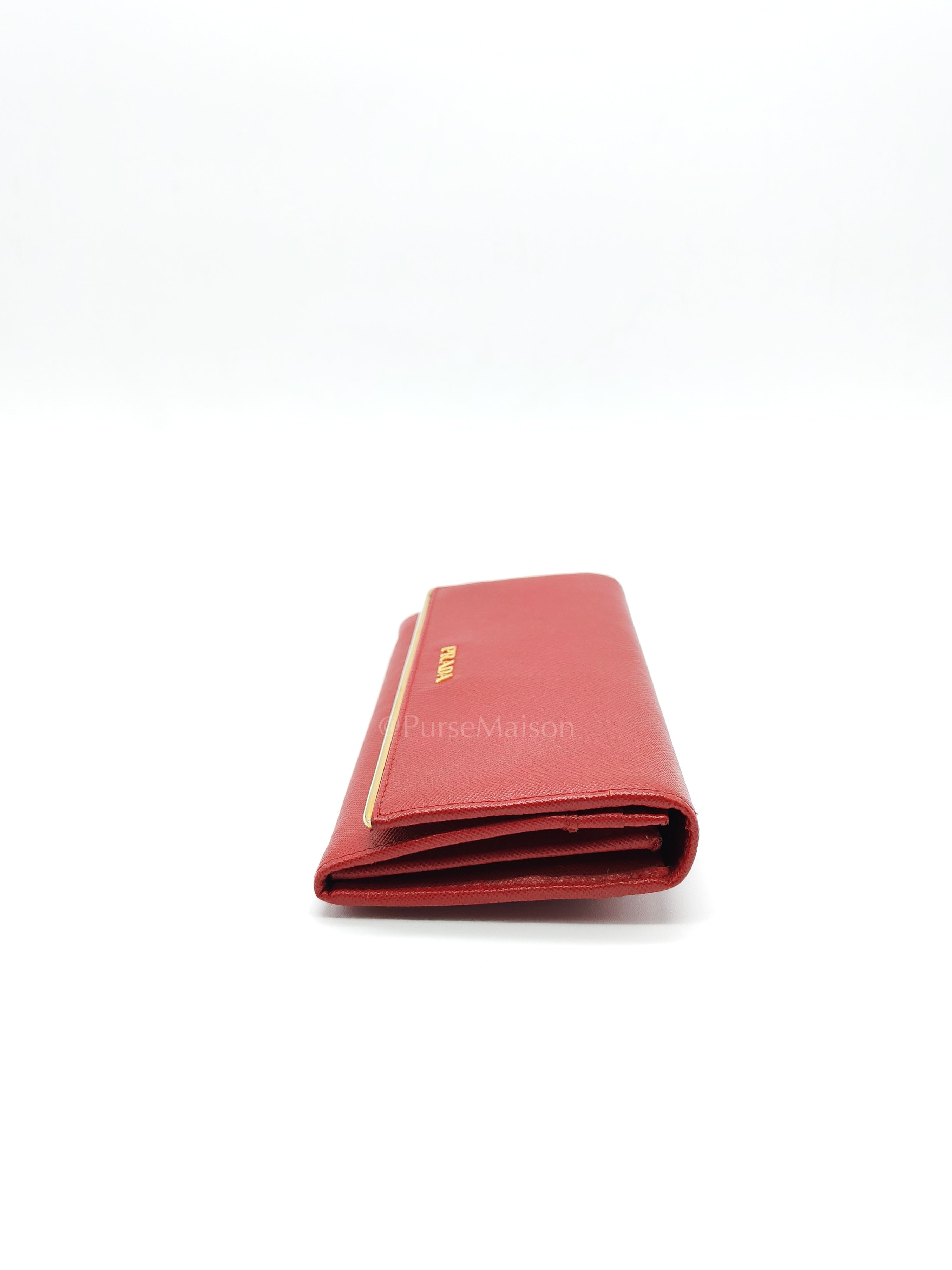Saffiano Metal Long Wallet in Fiery Red & Gold Hardware | Purse Maison Luxury Bags Shop