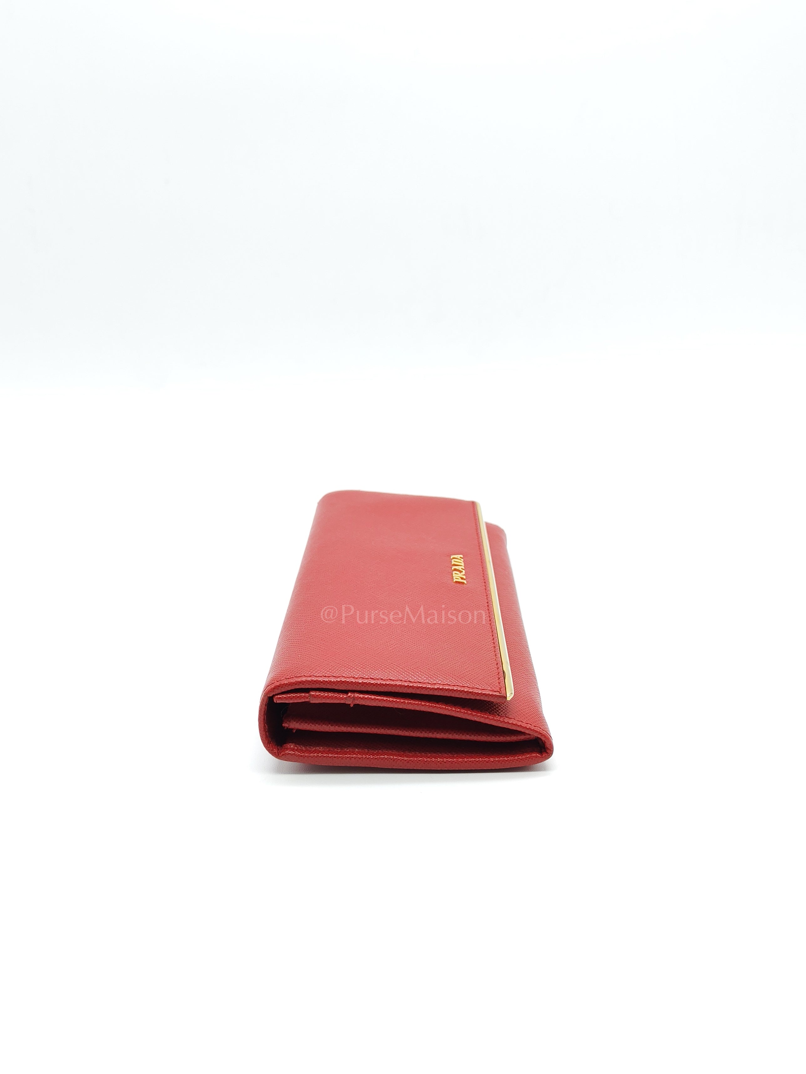 Saffiano Metal Long Wallet in Fiery Red & Gold Hardware | Purse Maison Luxury Bags Shop