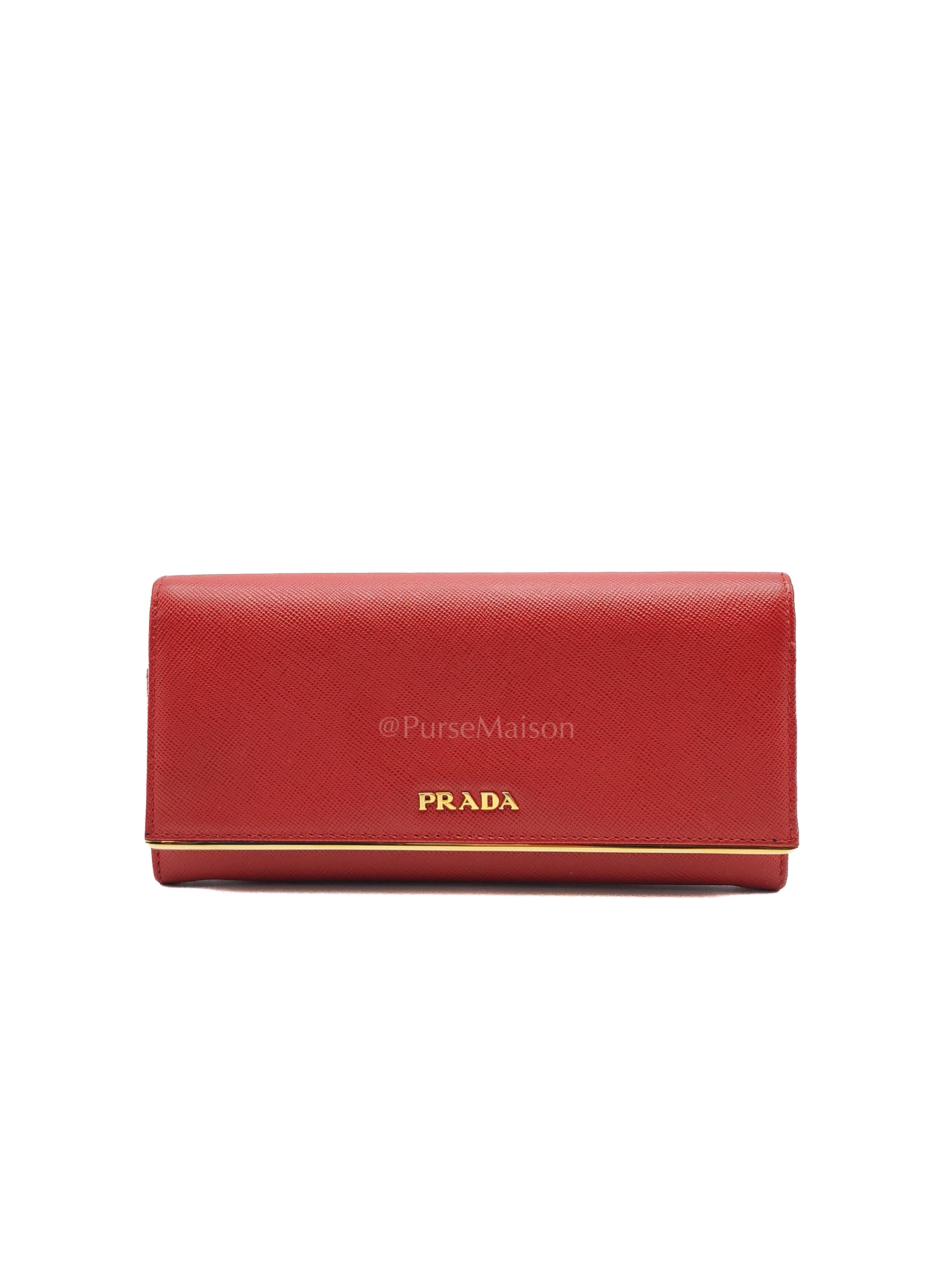 Saffiano Metal Long Wallet in Fiery Red & Gold Hardware | Purse Maison Luxury Bags Shop