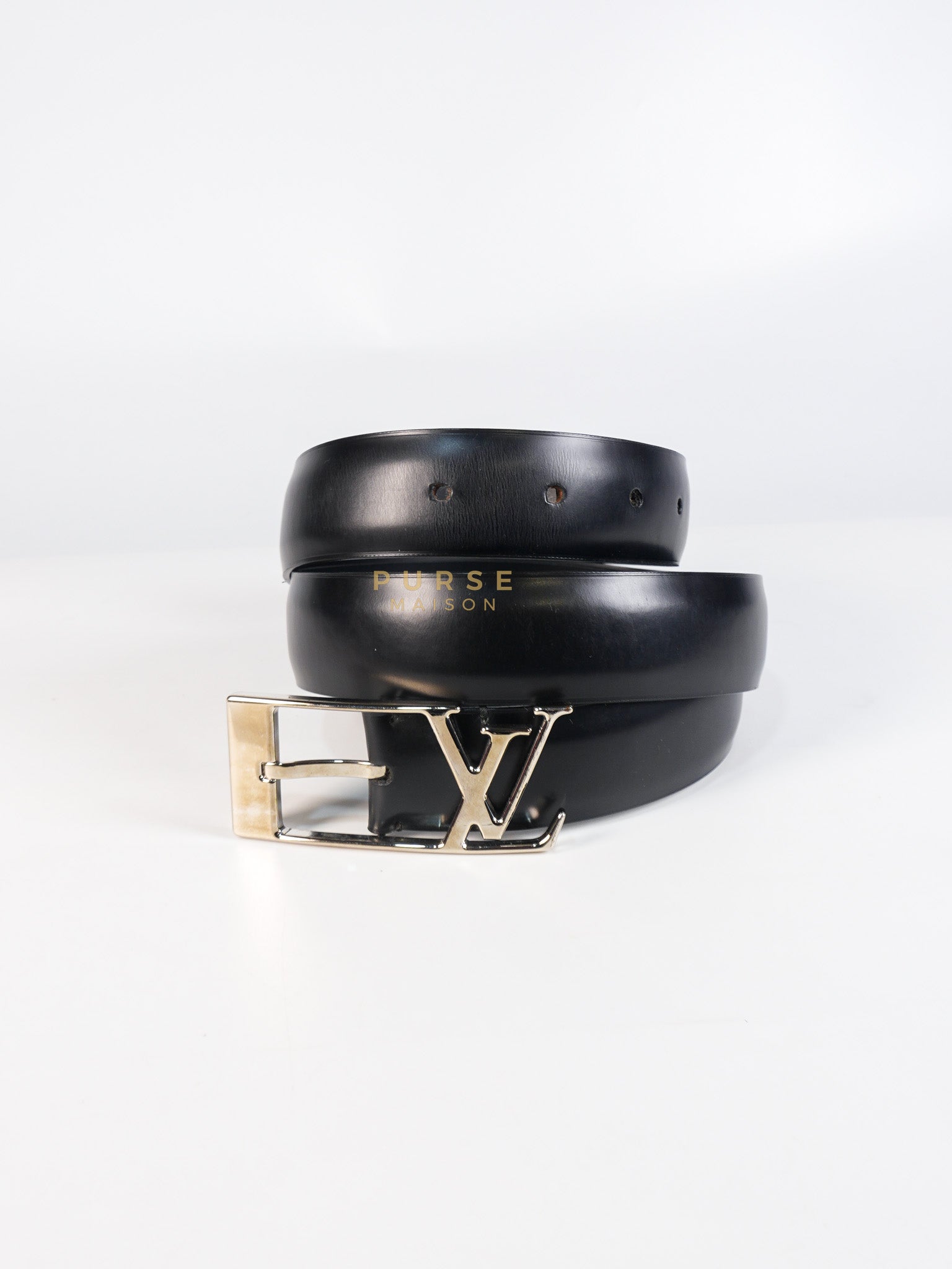 Santur Anagram Belt in Black Leather & Silver Hardware Size 90 | Purse Maison Luxury Bags Shop