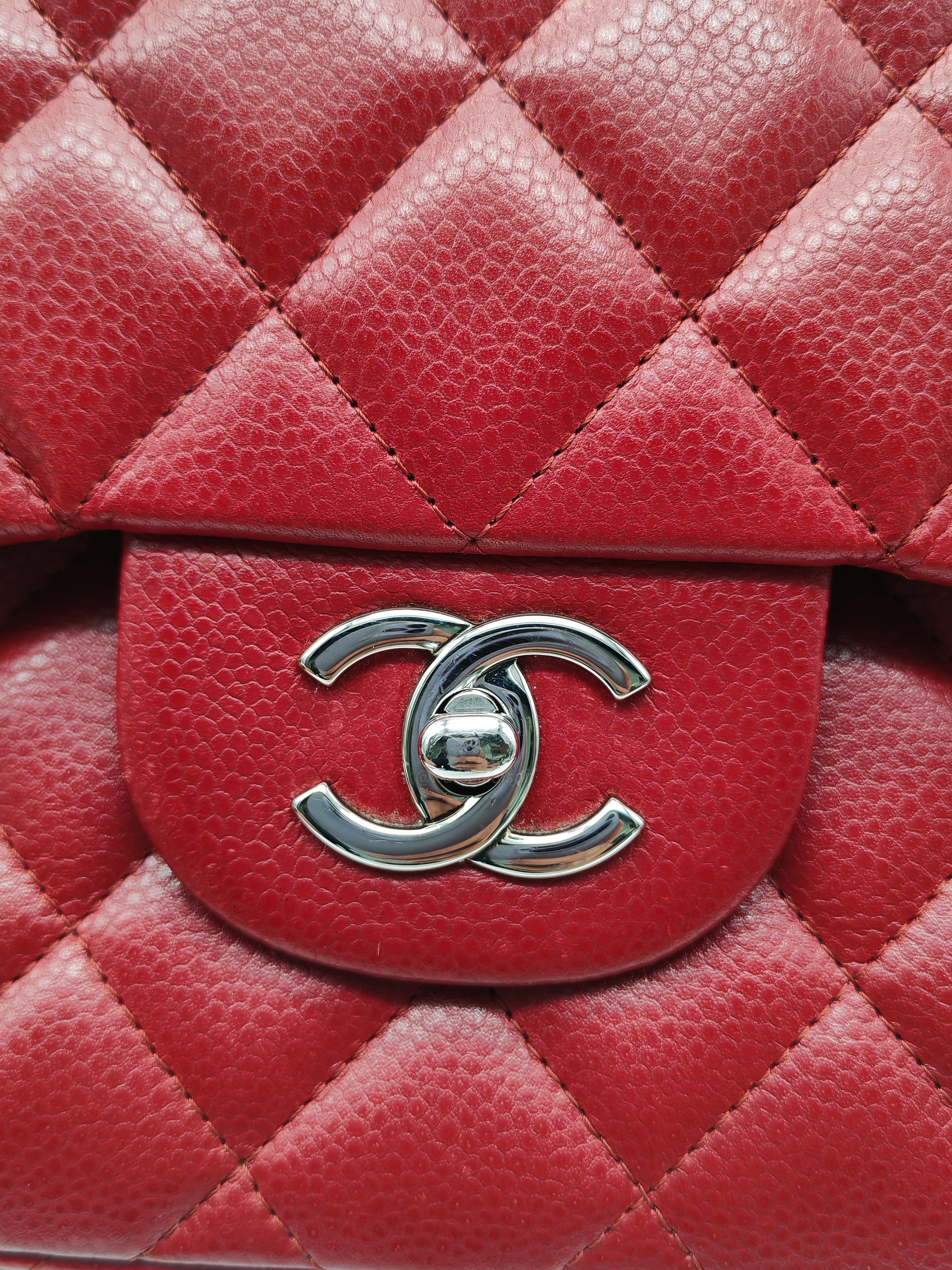 Chanel Classic Double Flap Jumbo in Red Quilted Caviar Leather and Silver Hardware Series 16