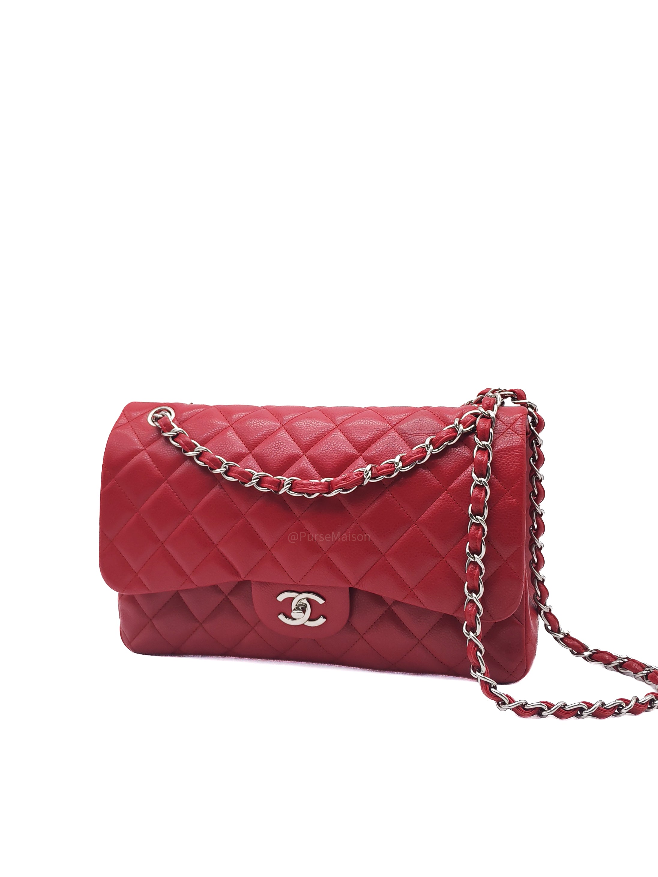 Chanel Classic Double Flap Jumbo in Red Quilted Caviar Leather and Silver Hardware Series 16