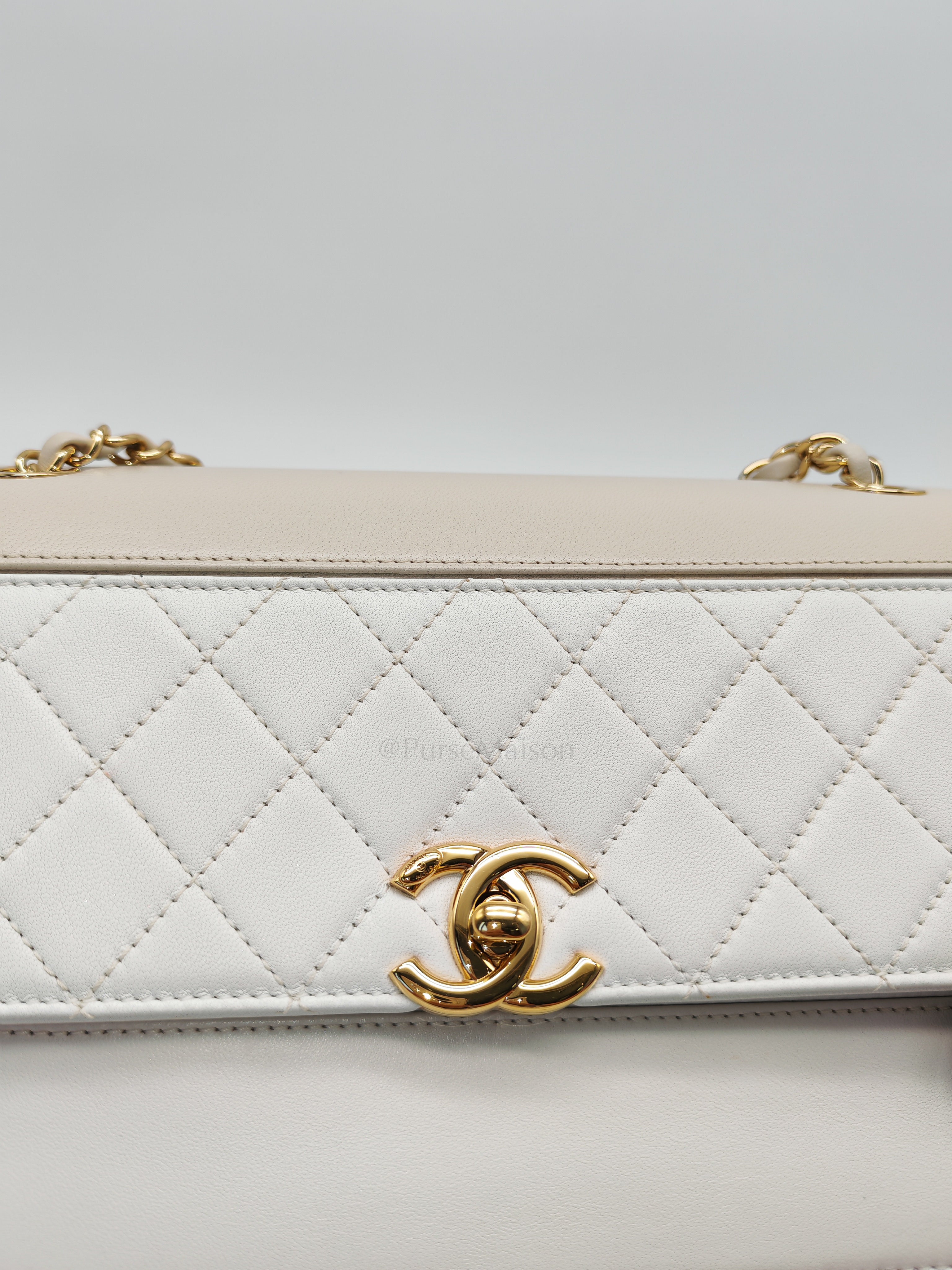 Coco Mark Flap Bag Small in White and Beige Lambskin Leather and Gold Hardware (Series 28) | Purse Maison Luxury Bags Shop