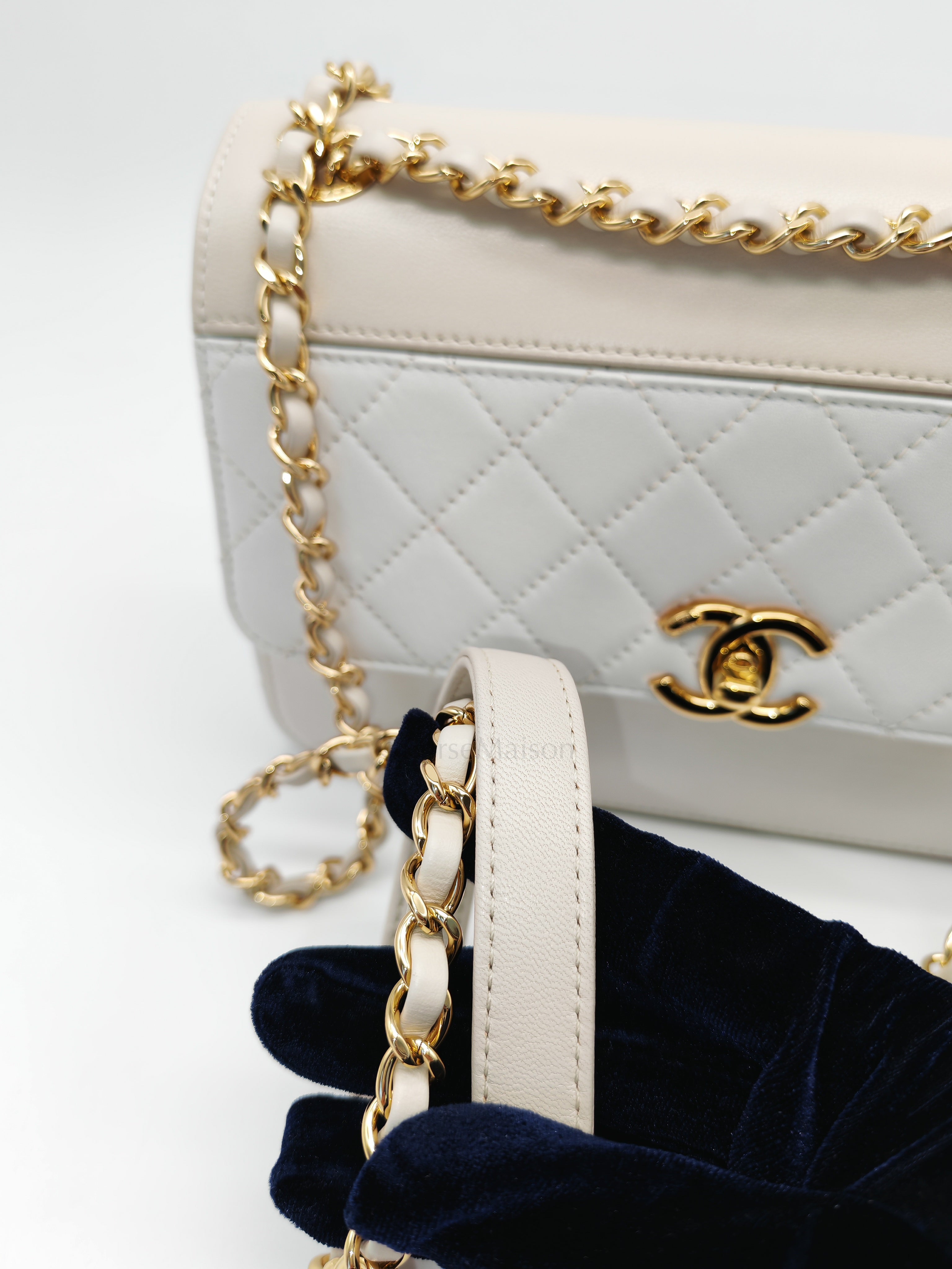 Coco Mark Flap Bag Small in White and Beige Lambskin Leather and Gold Hardware (Series 28) | Purse Maison Luxury Bags Shop