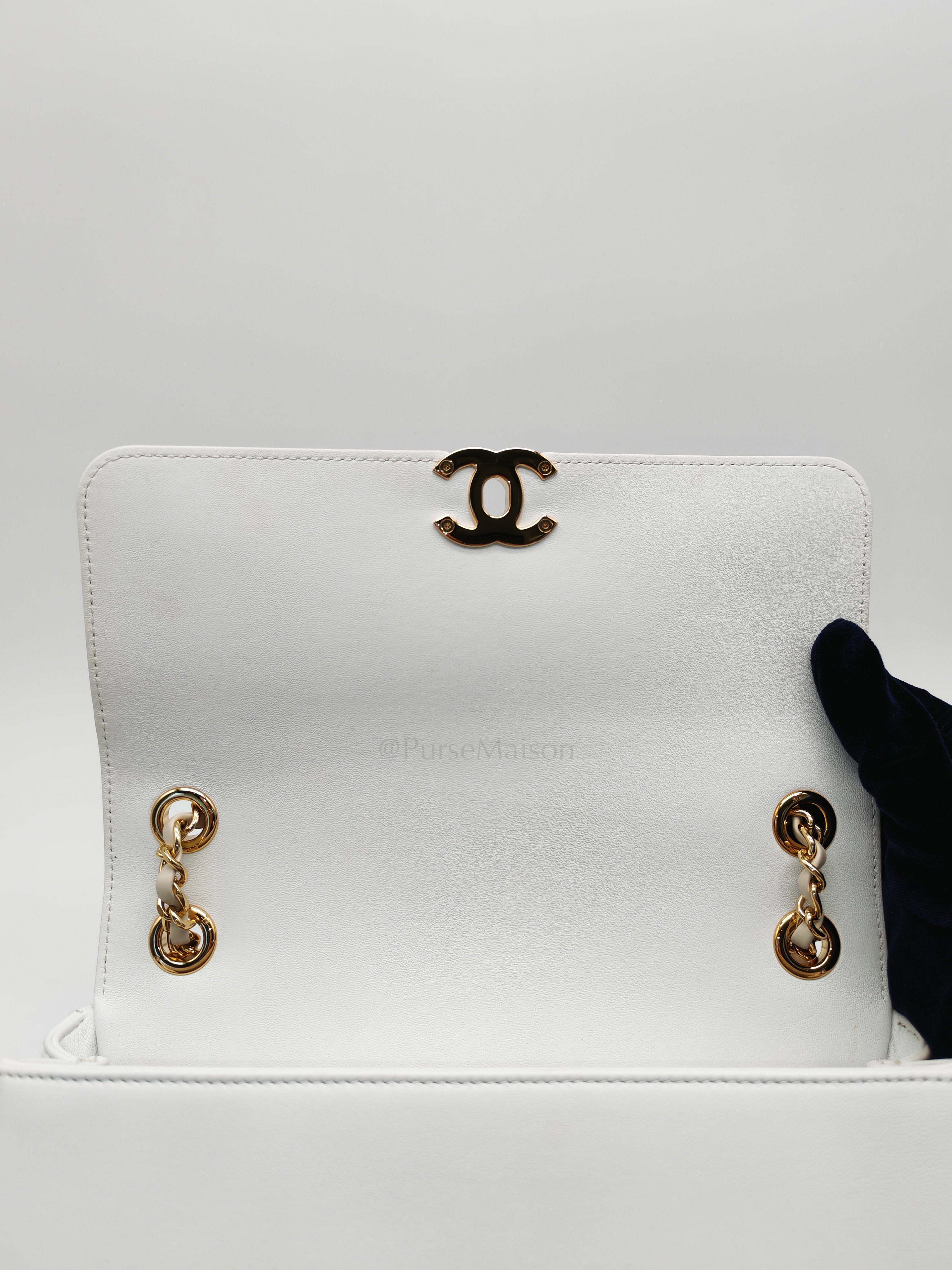 Coco Mark Flap Bag Small in White and Beige Lambskin Leather and Gold Hardware (Series 28) | Purse Maison Luxury Bags Shop