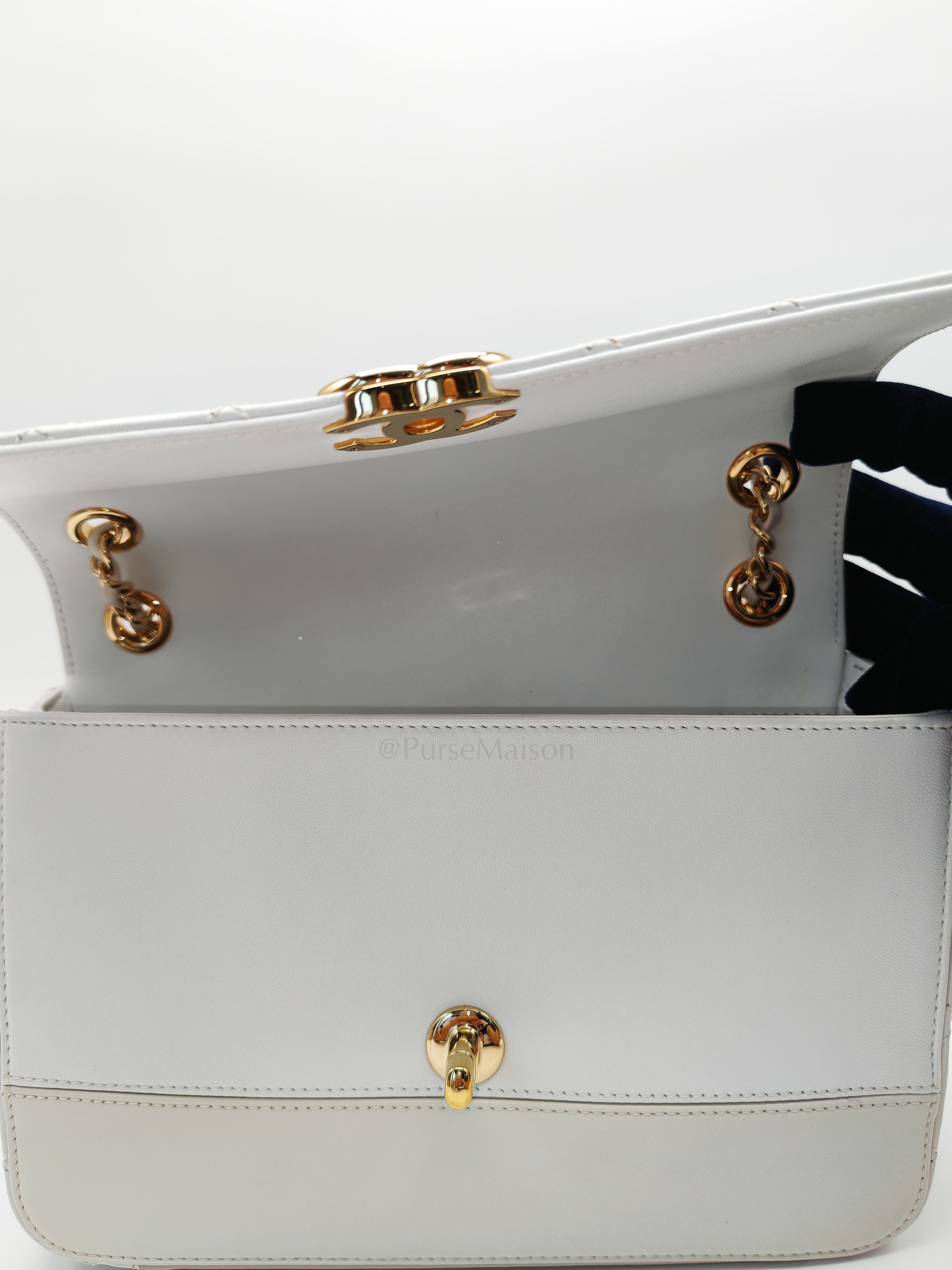 Coco Mark Flap Bag Small in White and Beige Lambskin Leather and Gold Hardware (Series 28) | Purse Maison Luxury Bags Shop
