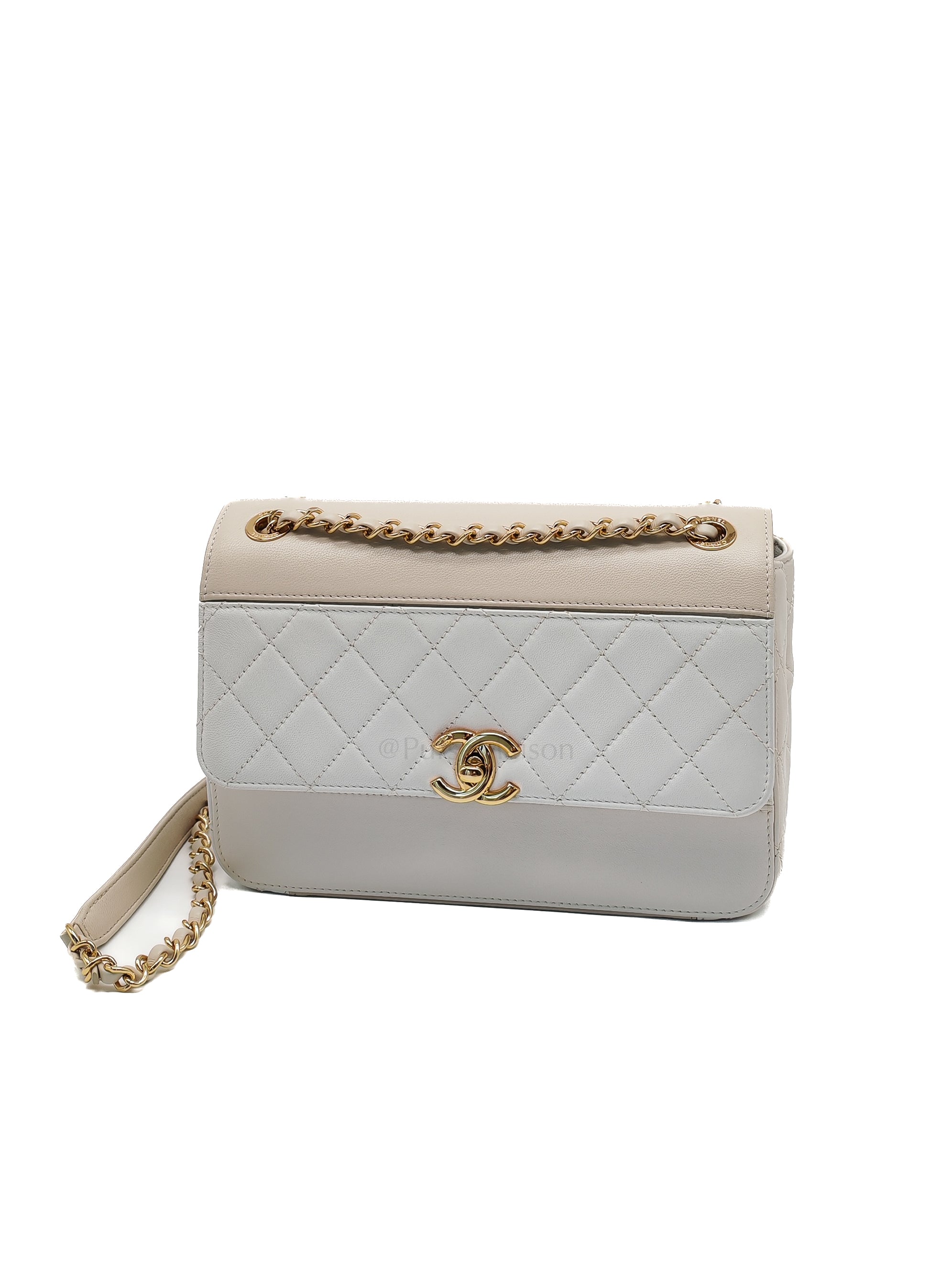 Coco Mark Flap Bag Small in White and Beige Lambskin Leather and Gold Hardware (Series 28) | Purse Maison Luxury Bags Shop