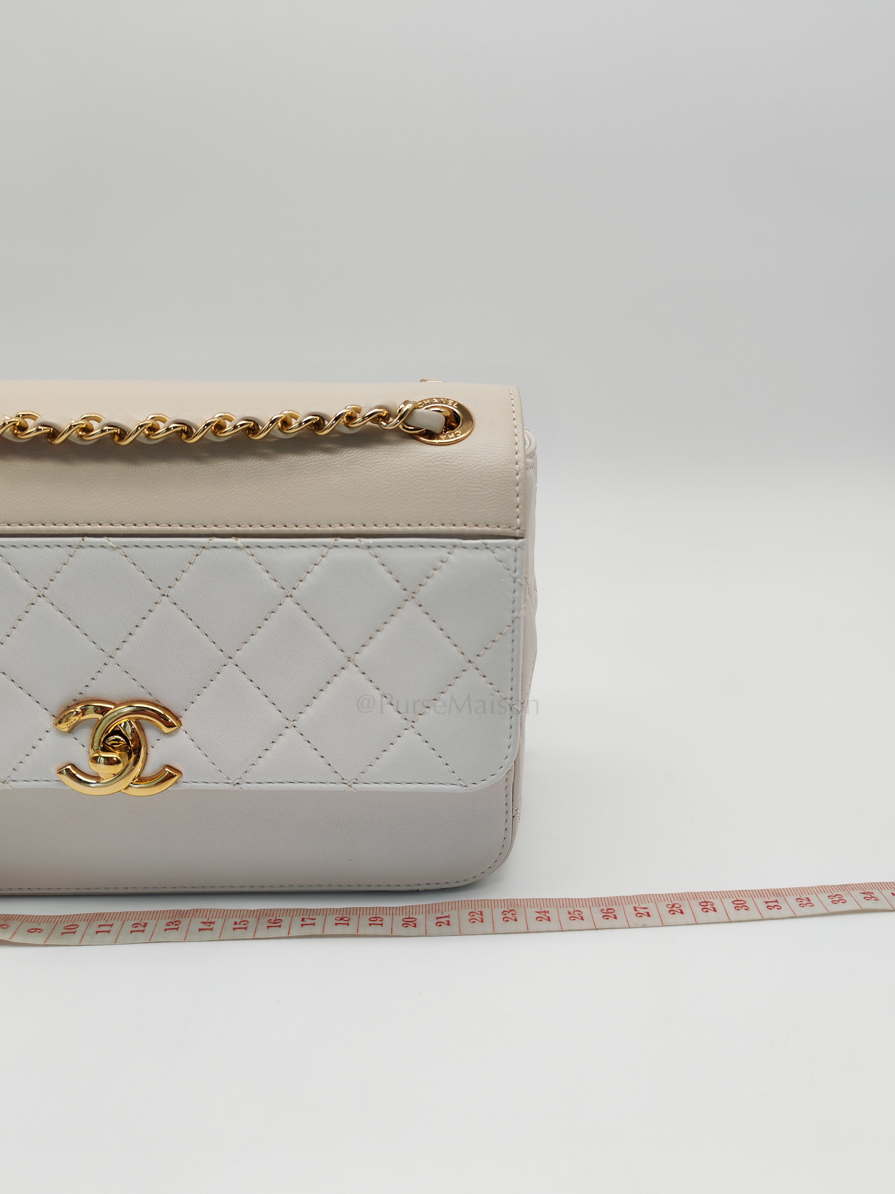 Coco Mark Flap Bag Small in White and Beige Lambskin Leather and Gold Hardware (Series 28) | Purse Maison Luxury Bags Shop