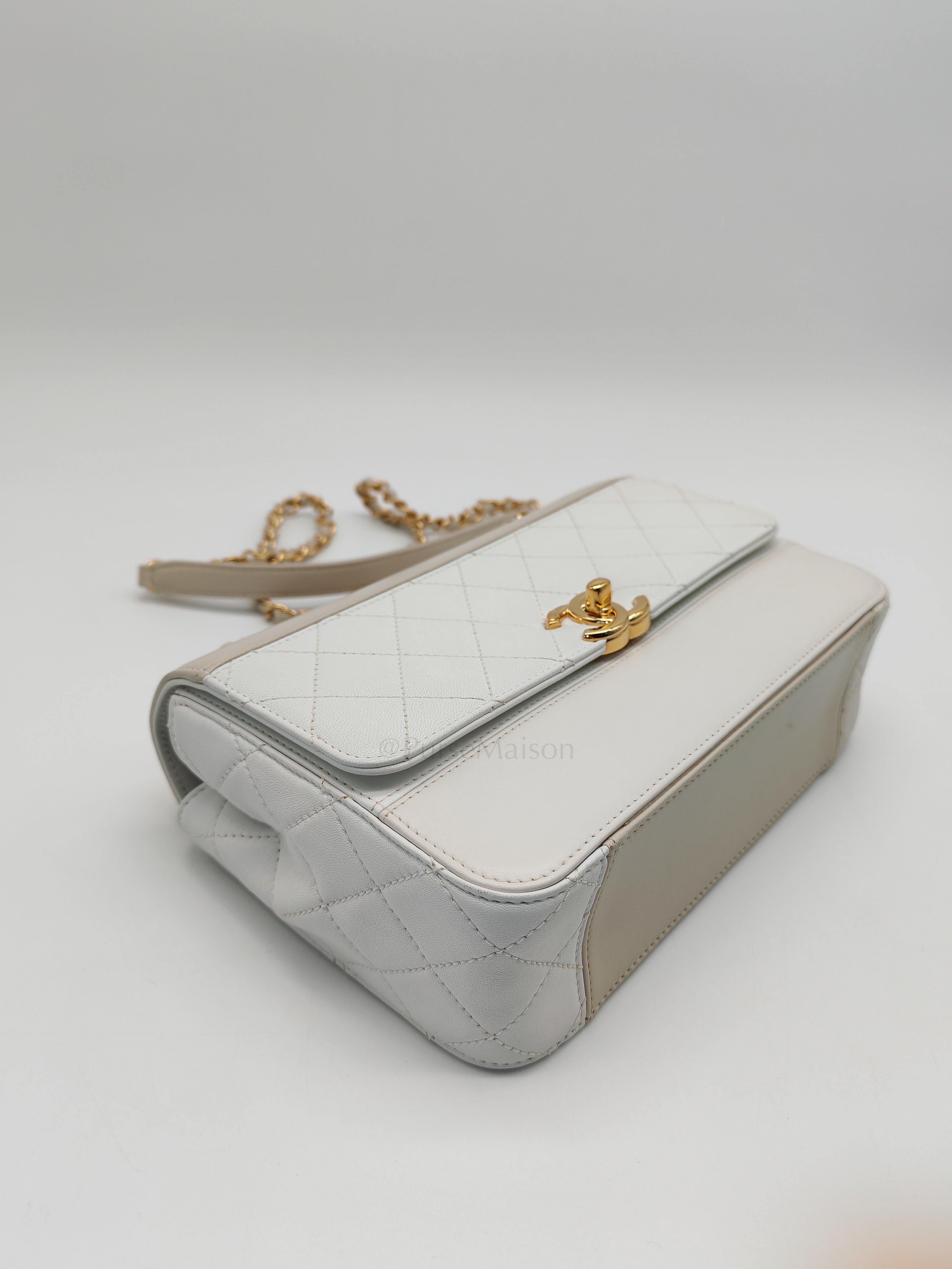 Coco Mark Flap Bag Small in White and Beige Lambskin Leather and Gold Hardware (Series 28) | Purse Maison Luxury Bags Shop