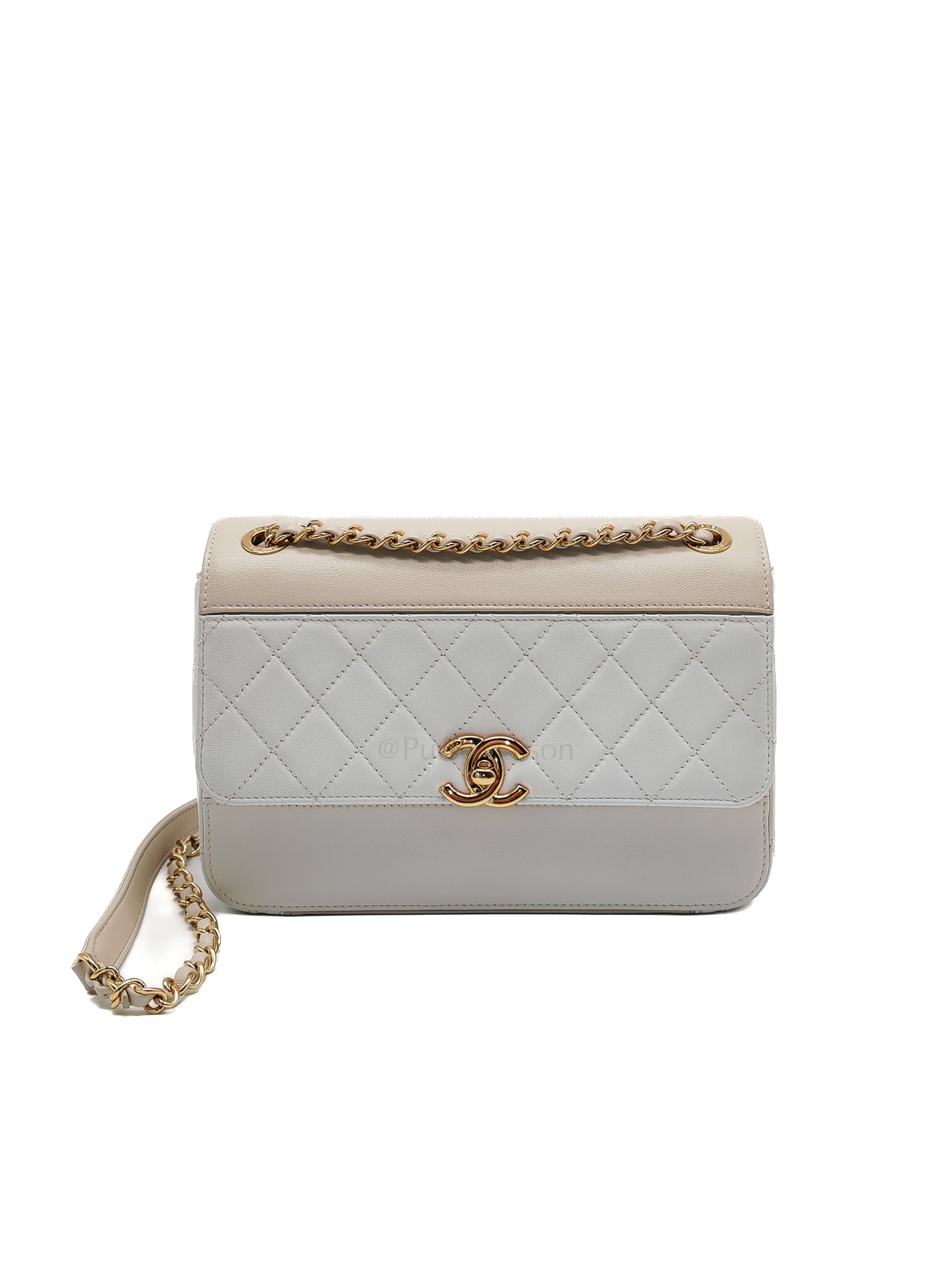 Coco Mark Flap Bag Small in White and Beige Lambskin Leather and Gold Hardware (Series 28) | Purse Maison Luxury Bags Shop
