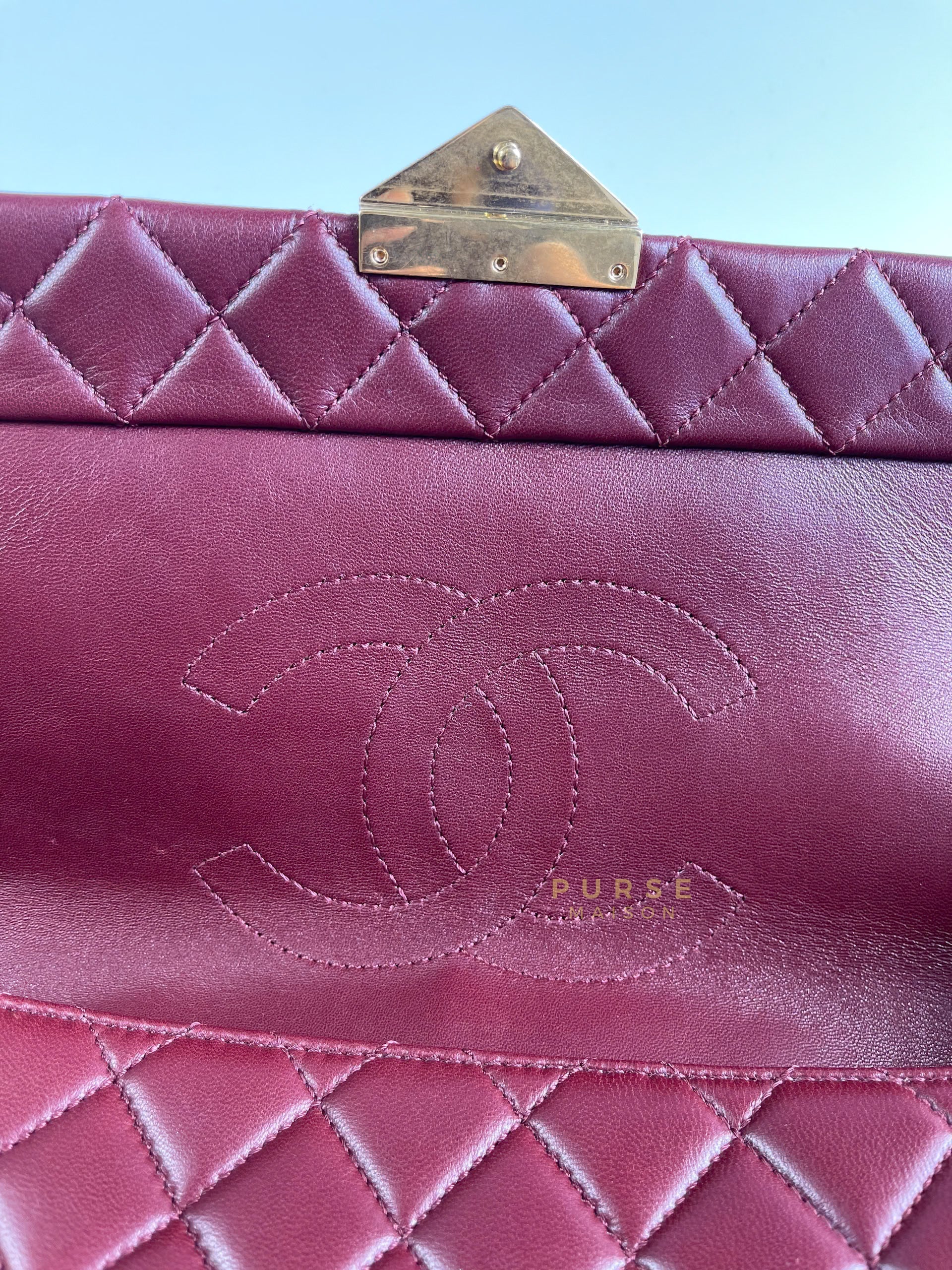 Seasonal Lock Flap Burgundy Lambskin Leather and Aged Gold Hardware Series 21 | Purse Maison Luxury Bags Shop