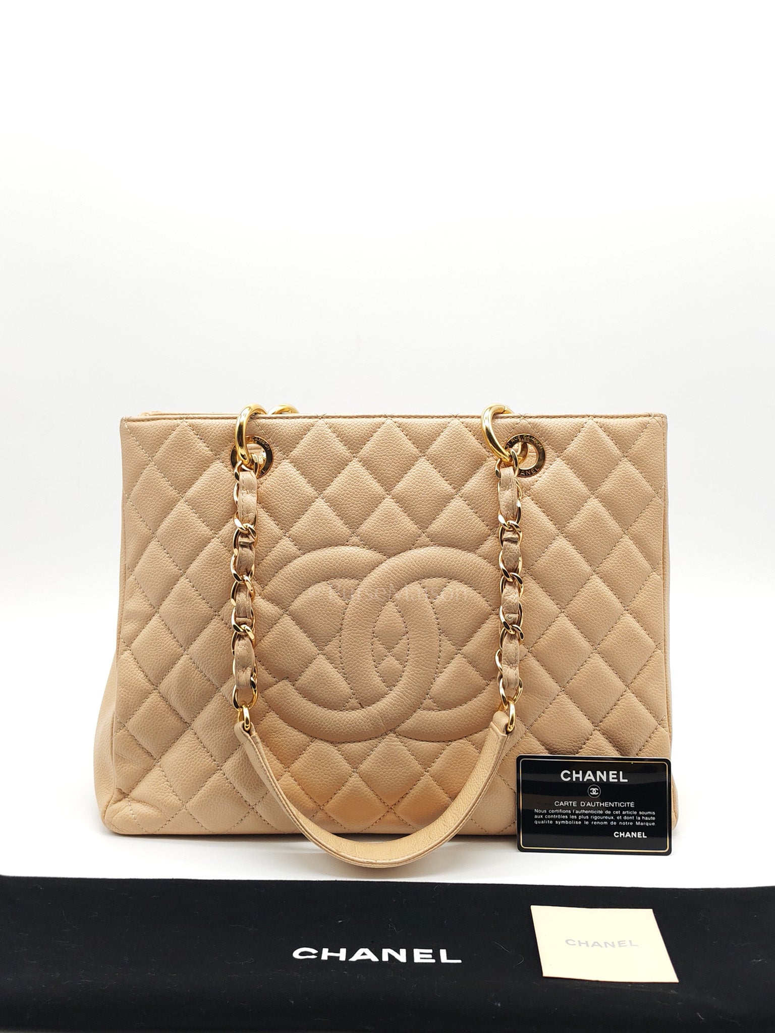 Grand Shopping Tote (GST) in Biege Quilted Caviar Leather & Gold Hardware Series 18