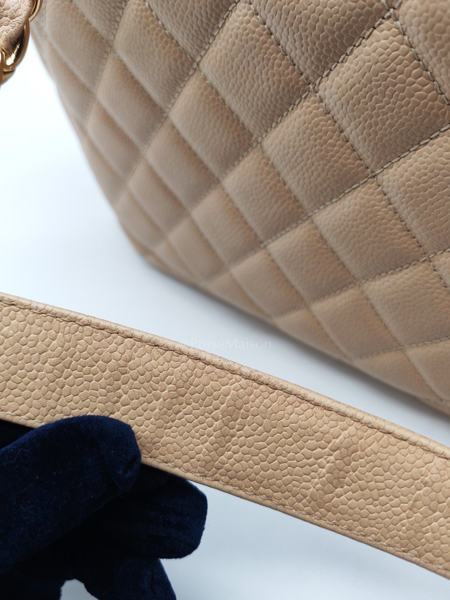 Grand Shopping Tote (GST) in Biege Quilted Caviar Leather & Gold Hardware Series 18