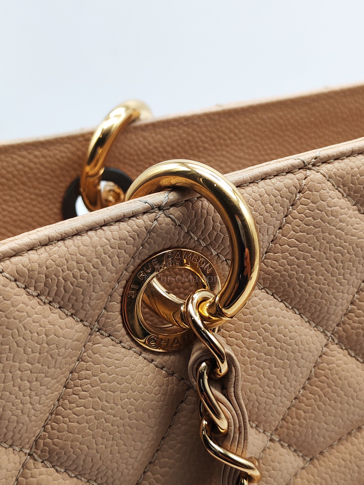 Grand Shopping Tote (GST) in Biege Quilted Caviar Leather & Gold Hardware Series 18
