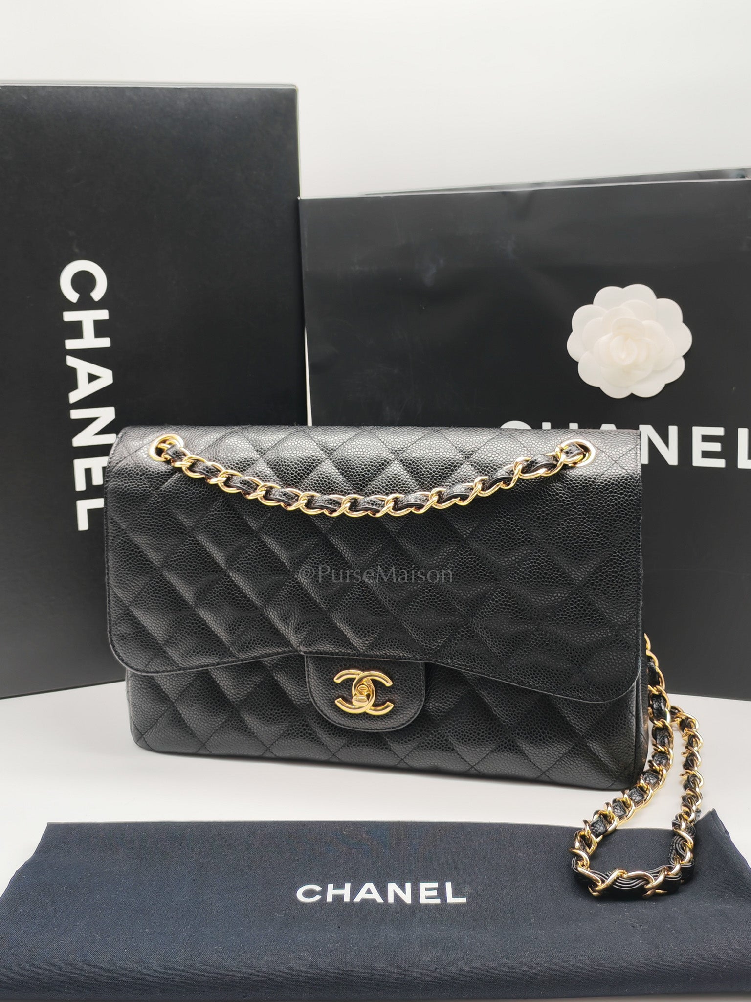 Classic Double Flap Jumbo In Black Quilted Caviar Leather & Gold Hardware Series 22