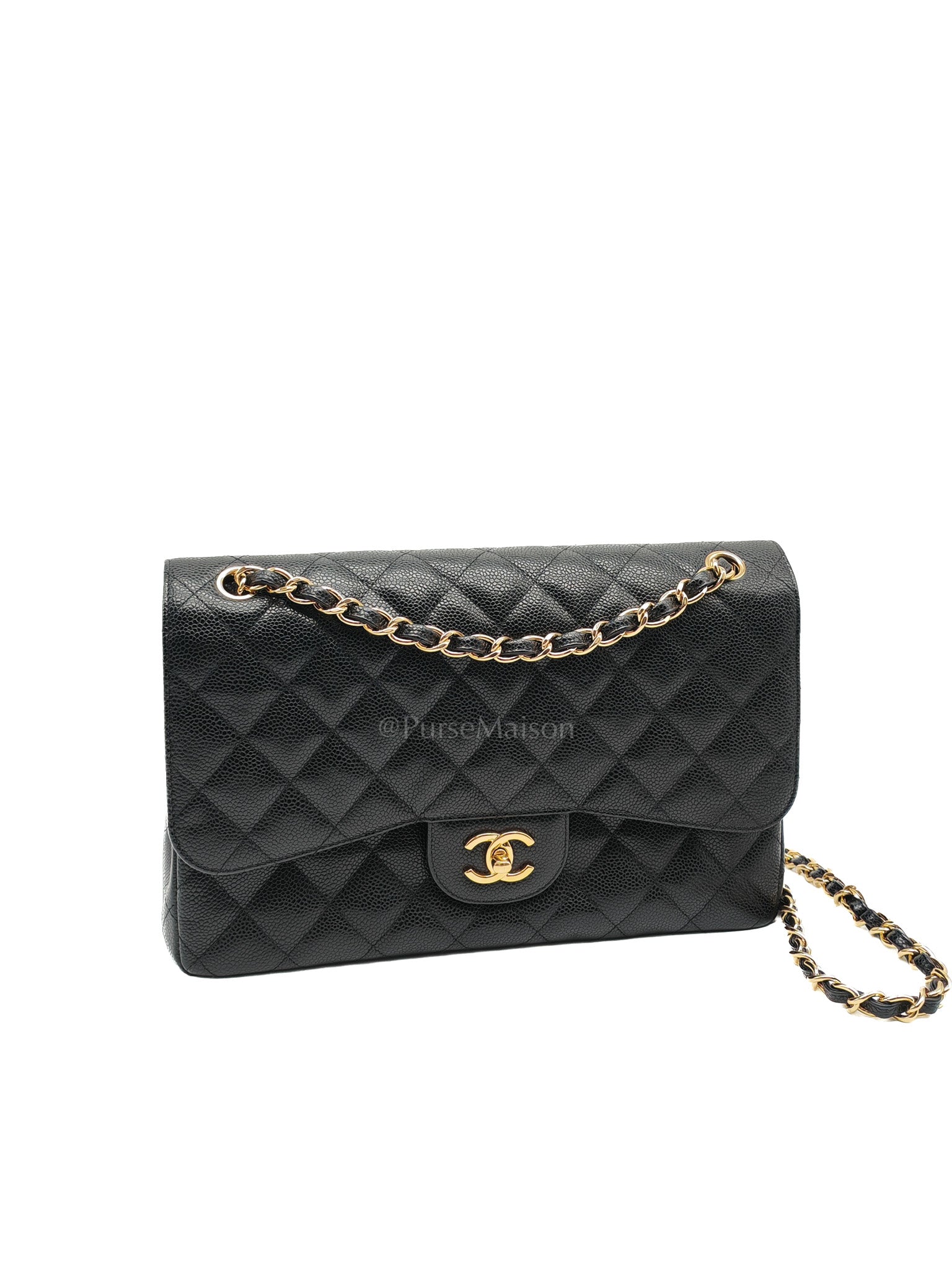 Classic Double Flap Jumbo In Black Quilted Caviar Leather & Gold Hardware Series 22