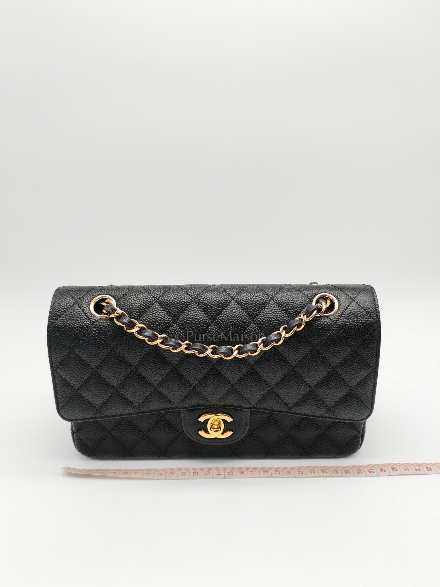Classic Double Flap Medium in Black Quilted Caviar Leather and Gold Hardware Series 28