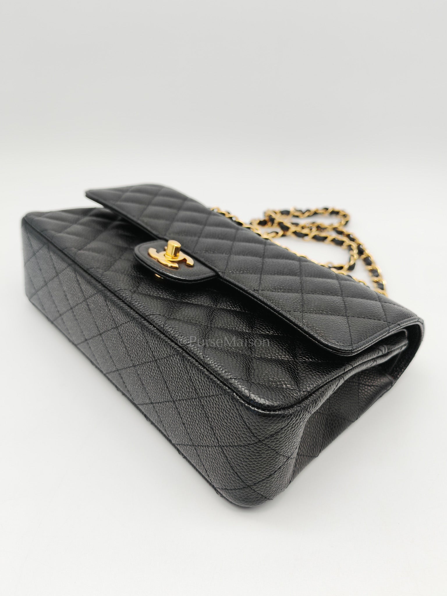 Classic Double Flap Medium in Black Quilted Caviar Leather and Gold Hardware Series 28