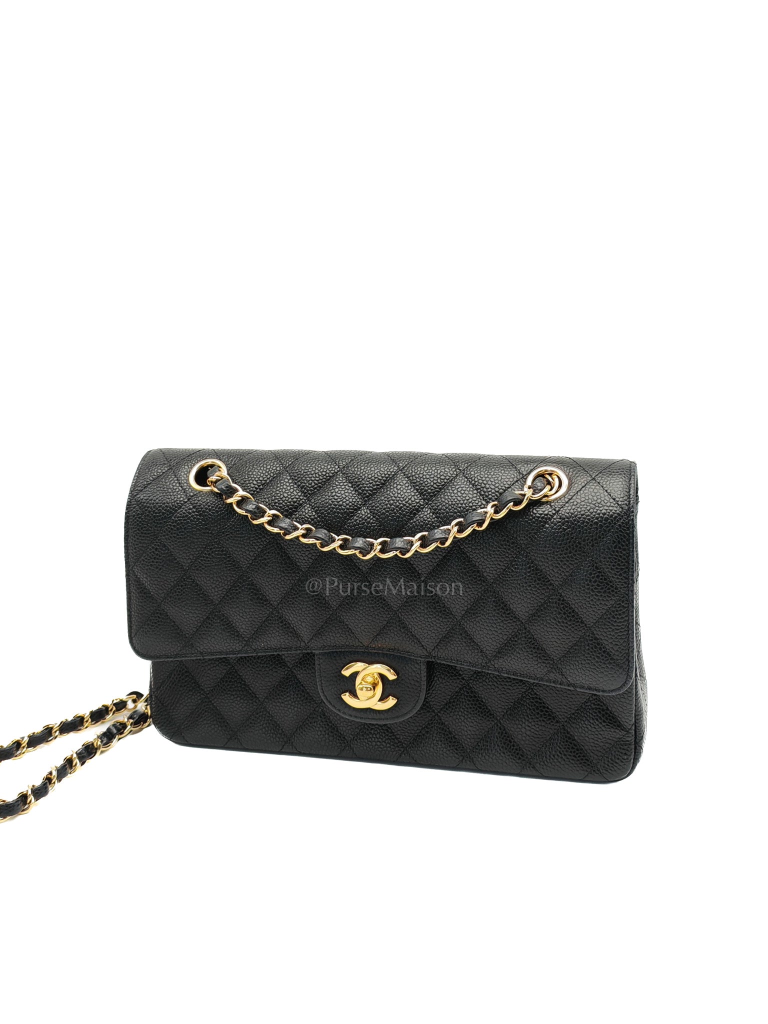 Classic Double Flap Medium in Black Quilted Caviar Leather and Gold Hardware Series 28