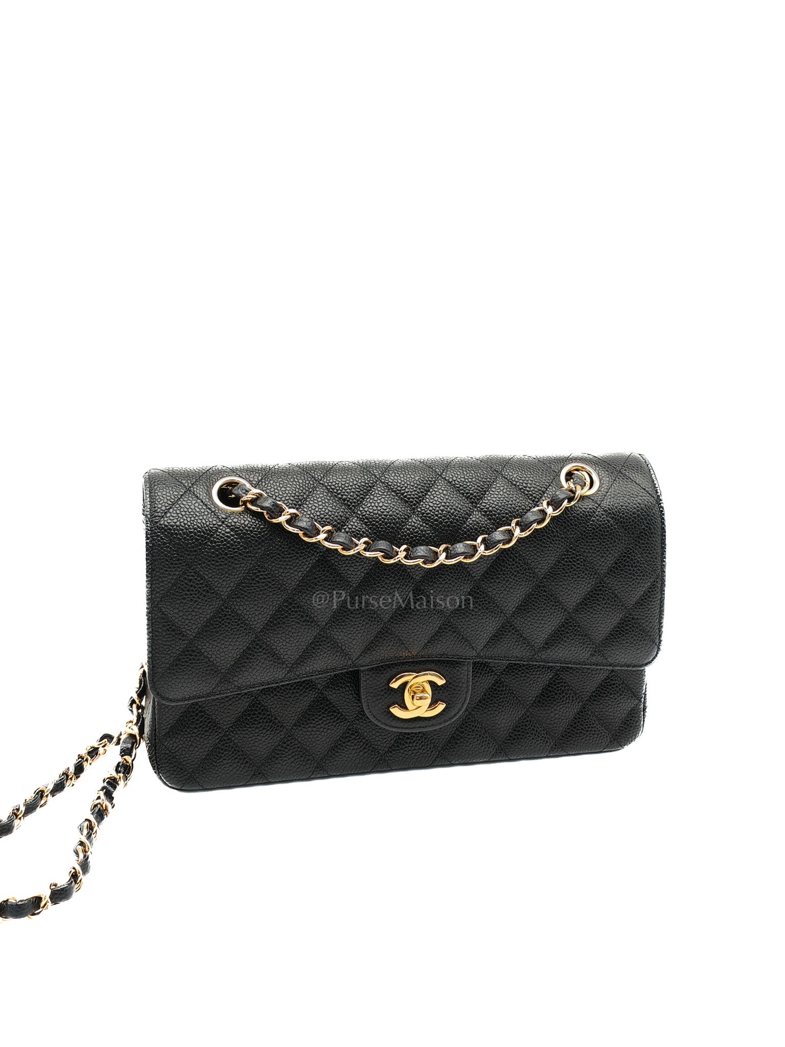 Classic Double Flap Medium in Black Quilted Caviar Leather and Gold Hardware Series 28
