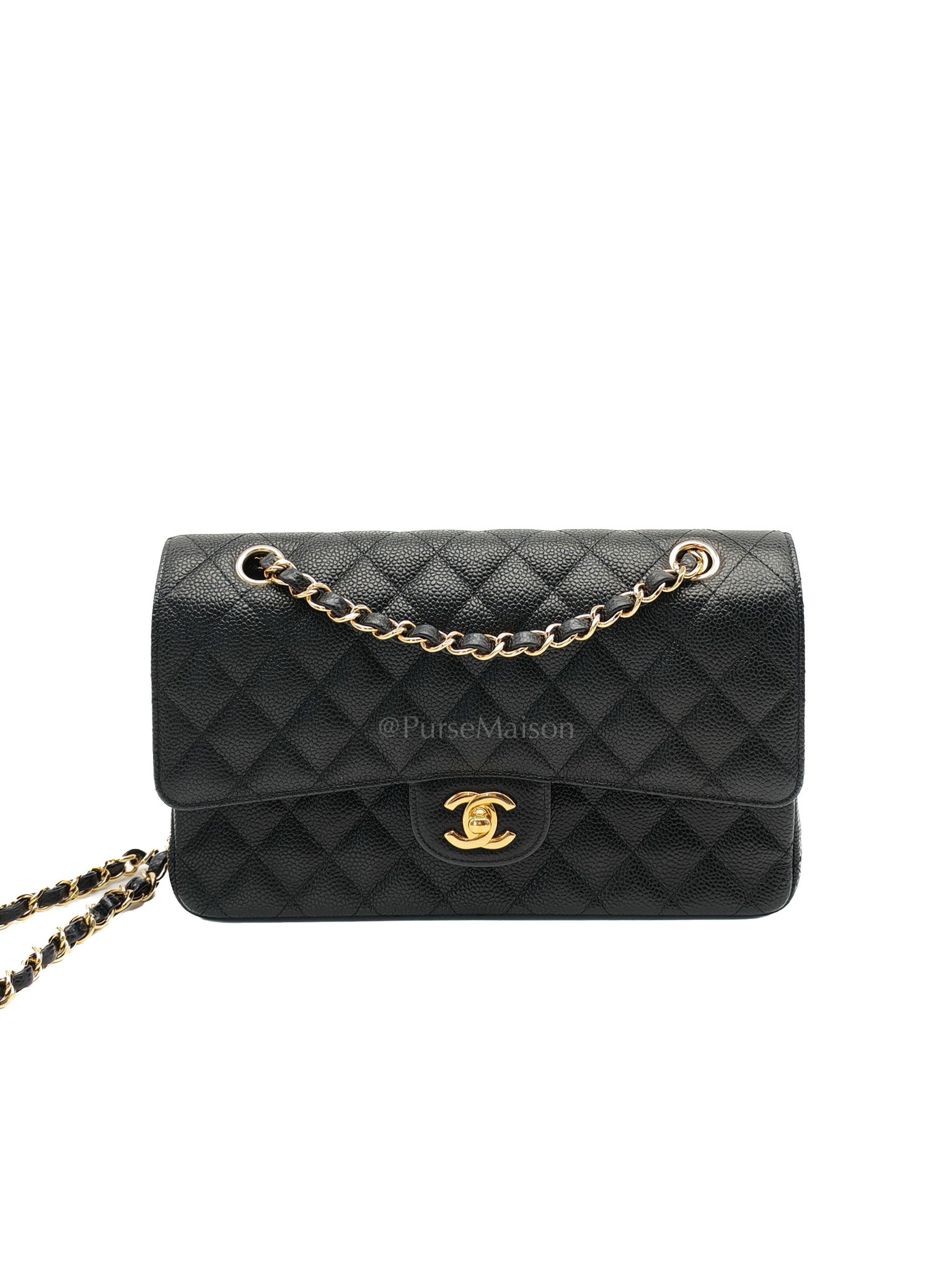 Classic Double Flap Medium in Black Quilted Caviar Leather and Gold Hardware Series 28