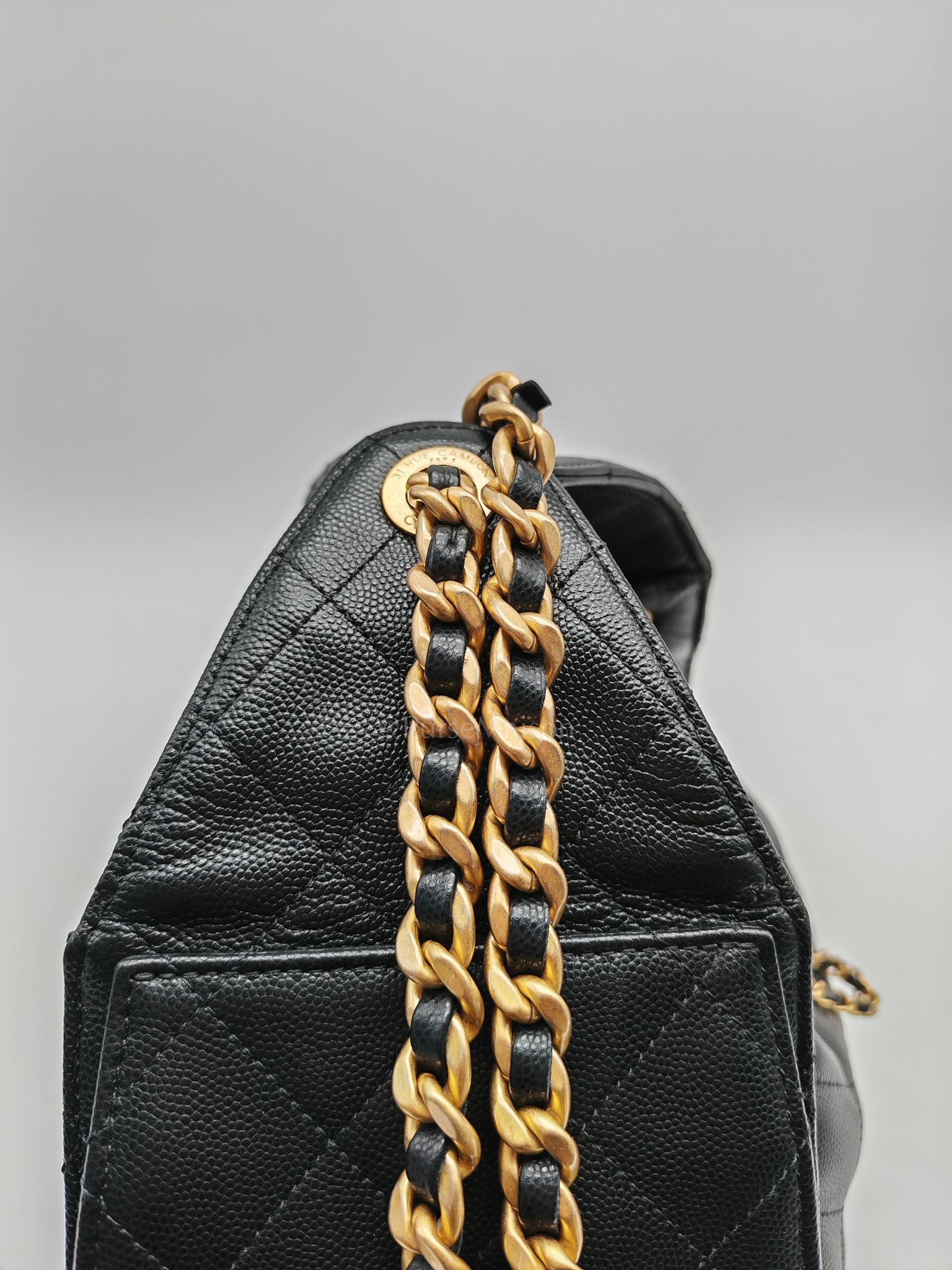 25 Small Shoulder Bag in Black Caviar Leather & Aged Gold Hardware (Microchip)