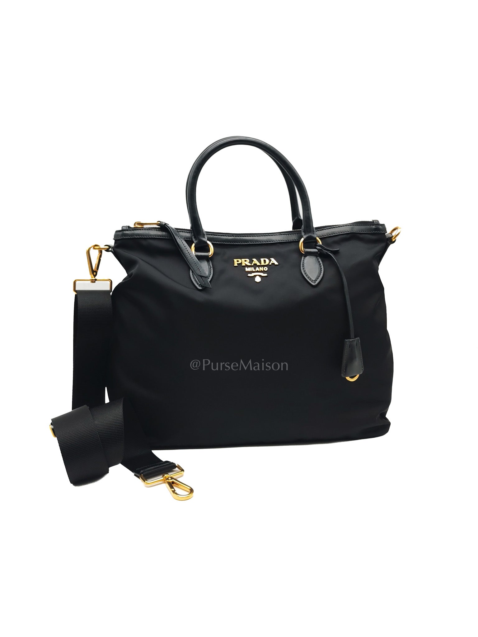 Shopping Tote Bag in Black Tessuto Nylon Saffiano Leather & Gold Hardware | Purse Maison Luxury Bags Shop