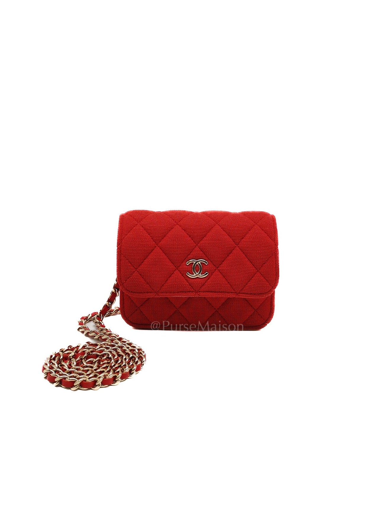 Mini VIP Bag Clutch with Chain in Red Quilted Jersey Fabric & Light Gold Hardware Microchip