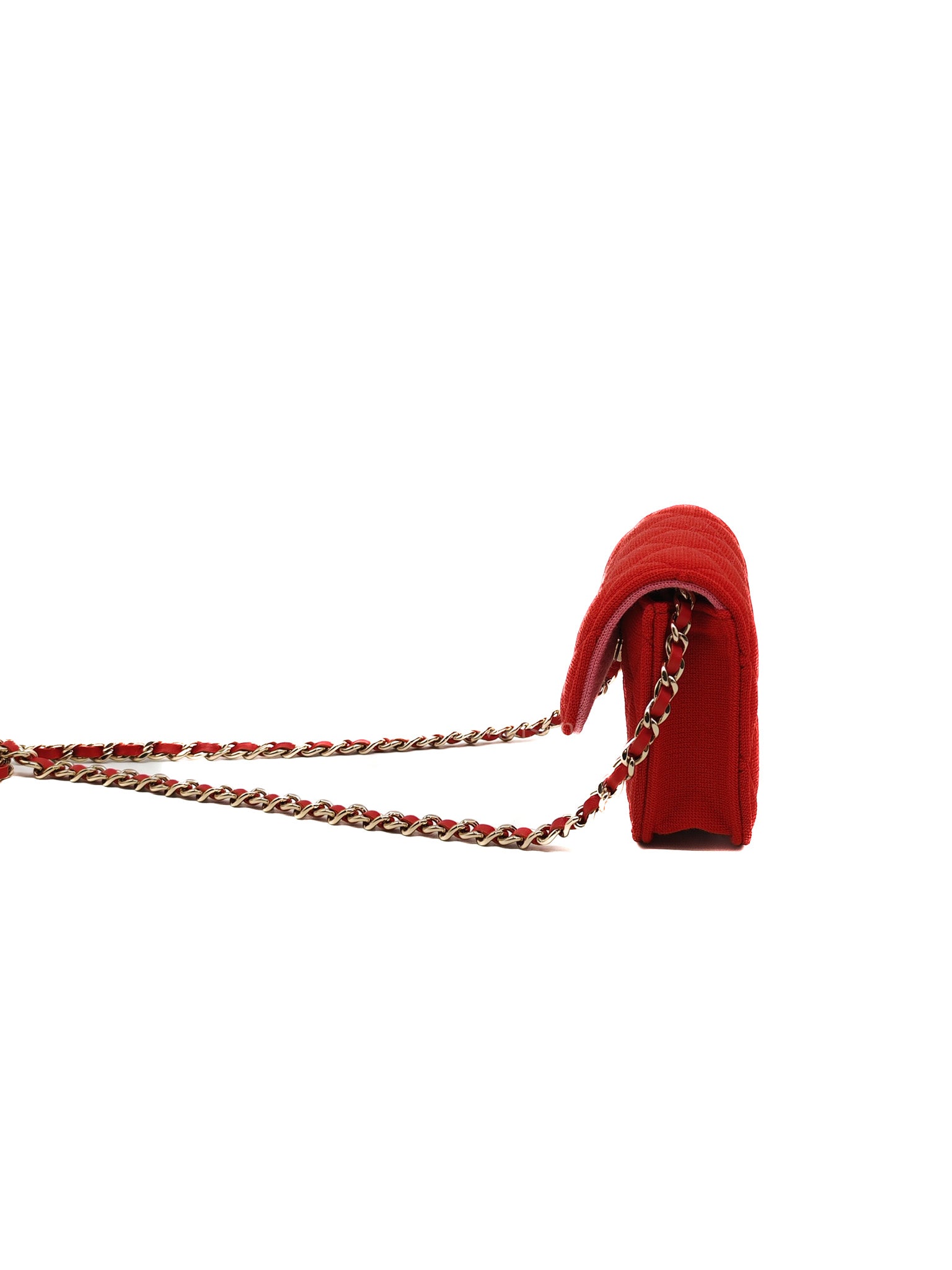 Mini VIP Bag Clutch with Chain in Red Quilted Jersey Fabric & Light Gold Hardware Microchip