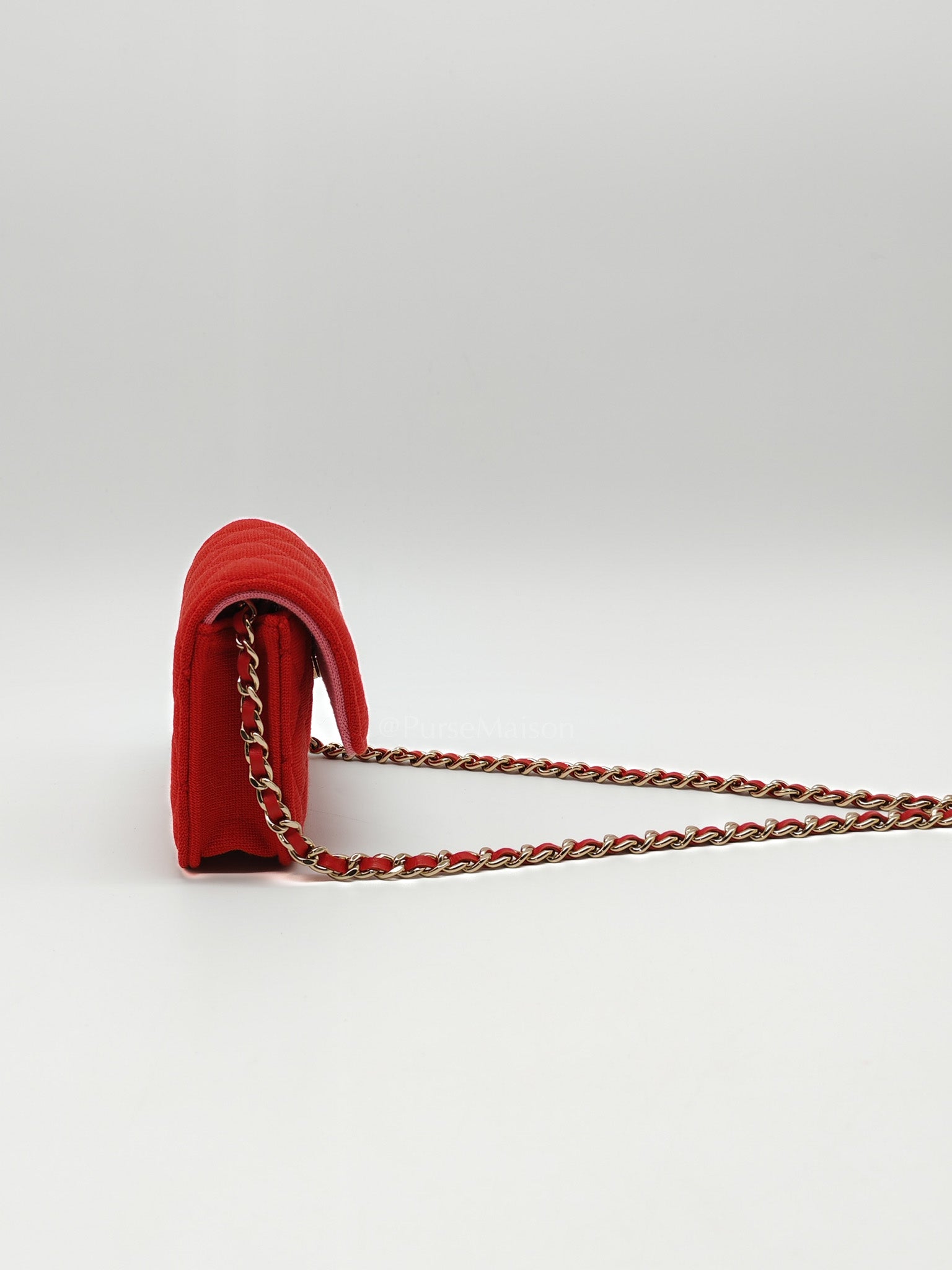 Mini VIP Bag Clutch with Chain in Red Quilted Jersey Fabric & Light Gold Hardware Microchip