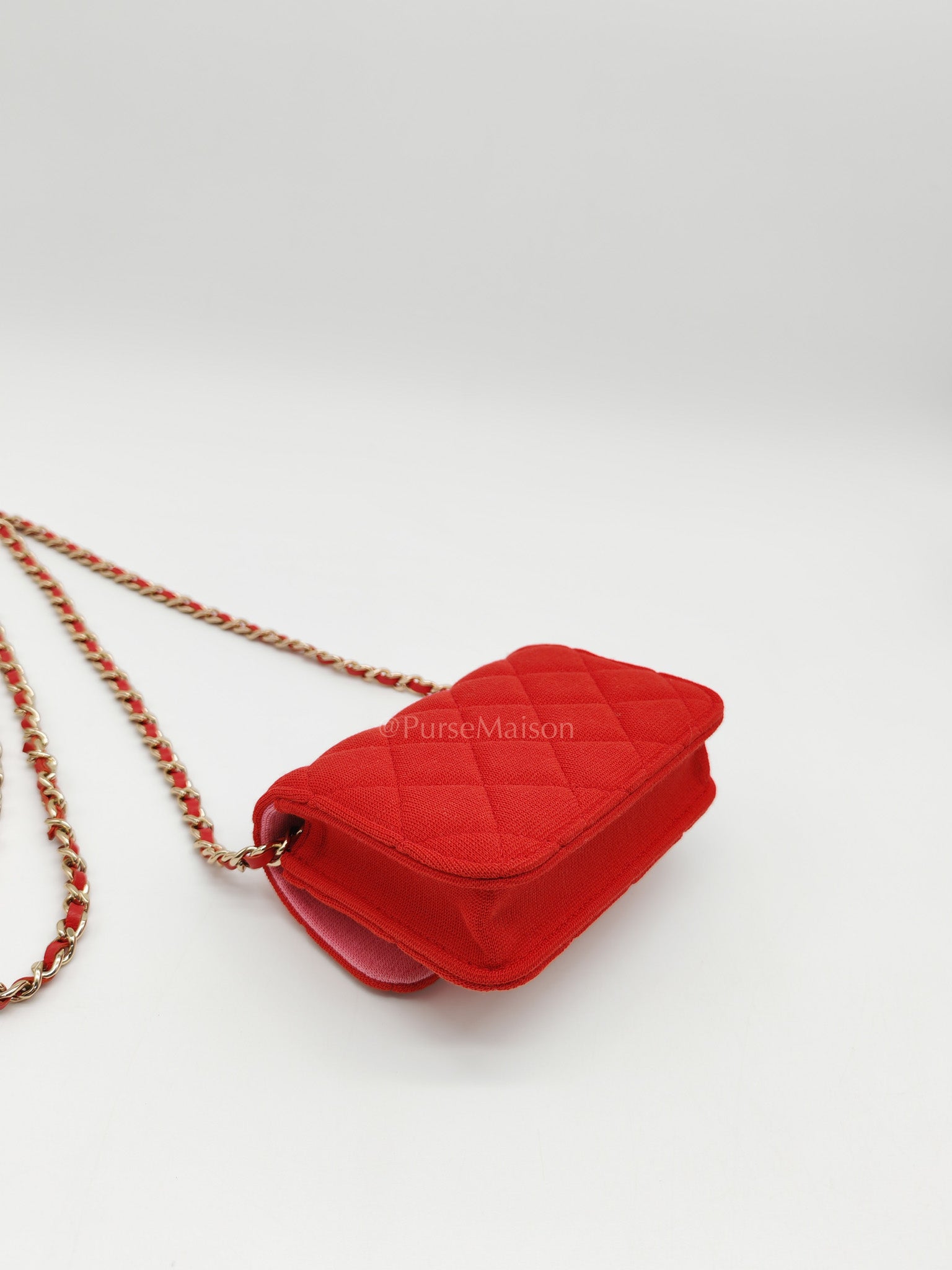 Mini VIP Bag Clutch with Chain in Red Quilted Jersey Fabric & Light Gold Hardware Microchip
