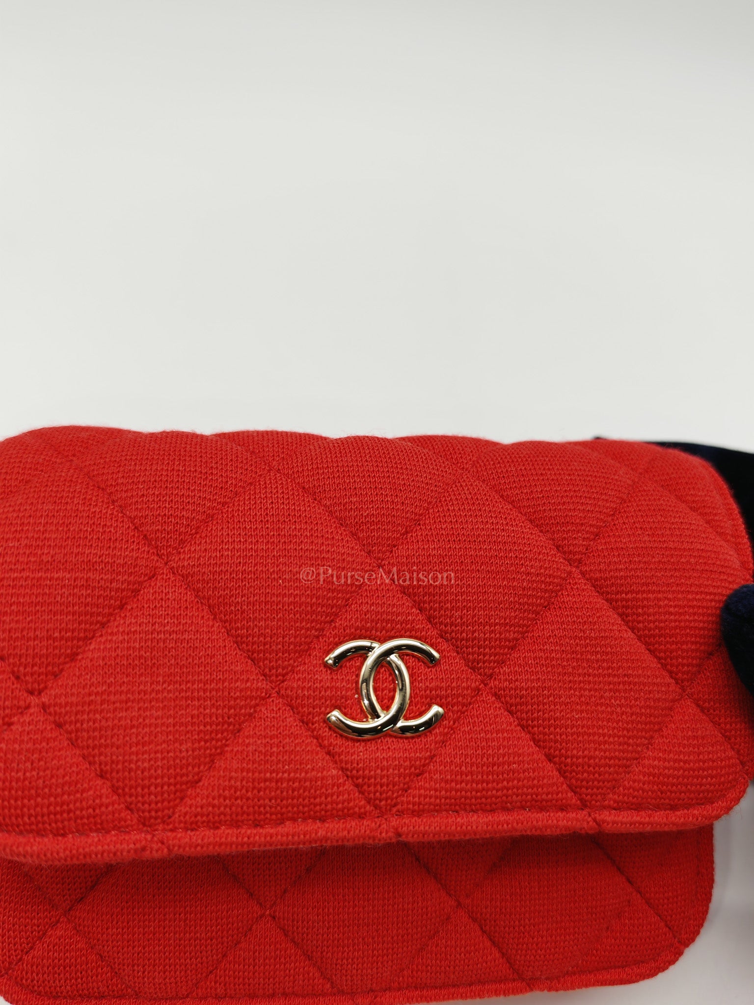 Mini VIP Bag Clutch with Chain in Red Quilted Jersey Fabric & Light Gold Hardware Microchip