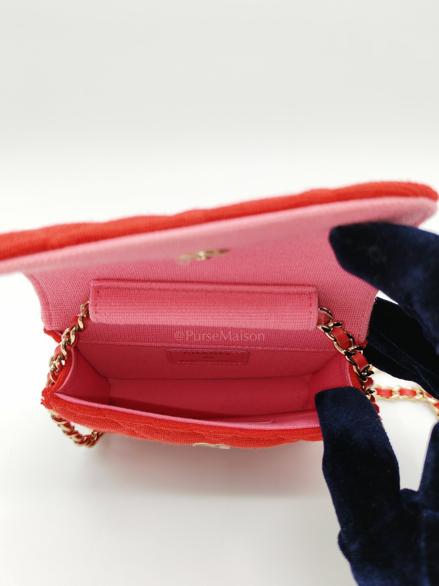 Mini VIP Bag Clutch with Chain in Red Quilted Jersey Fabric & Light Gold Hardware Microchip