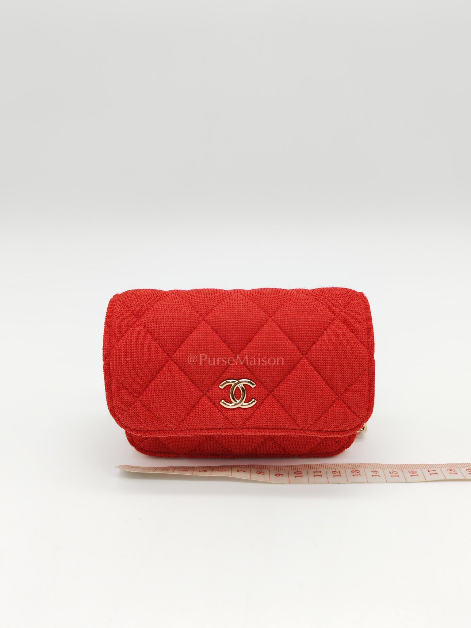 Mini VIP Bag Clutch with Chain in Red Quilted Jersey Fabric & Light Gold Hardware Microchip