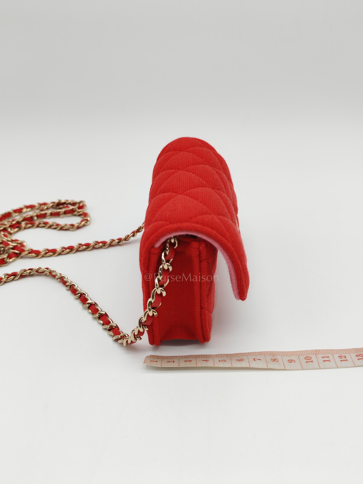 Mini VIP Bag Clutch with Chain in Red Quilted Jersey Fabric & Light Gold Hardware Microchip