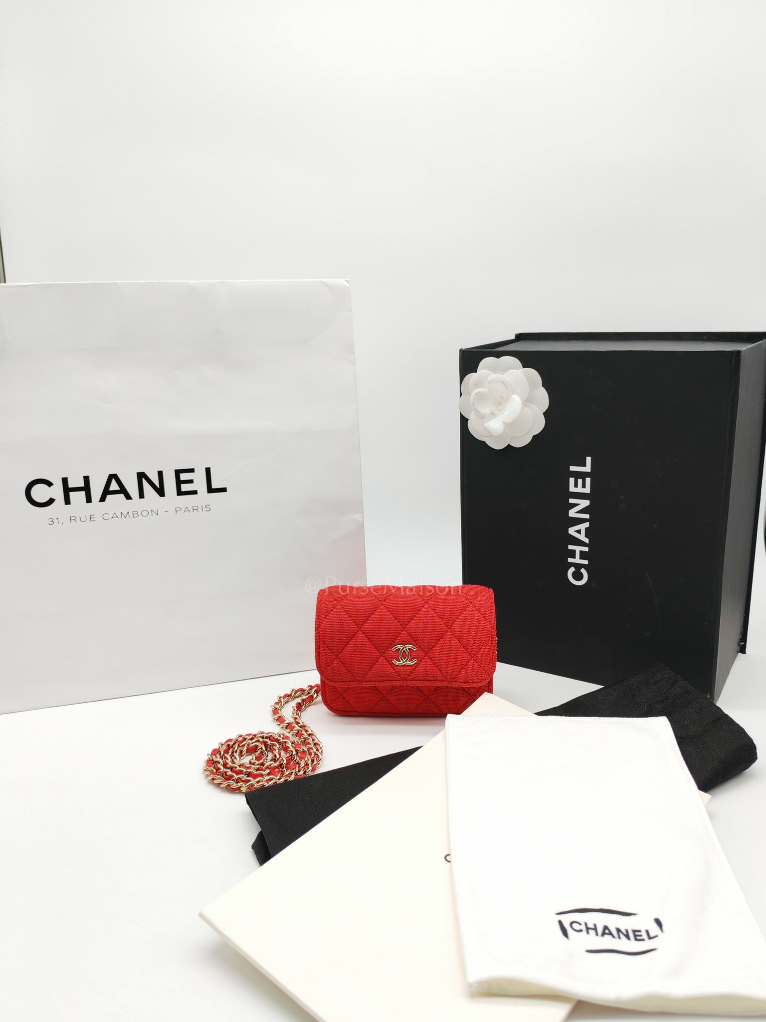 Mini VIP Bag Clutch with Chain in Red Quilted Jersey Fabric & Light Gold Hardware Microchip