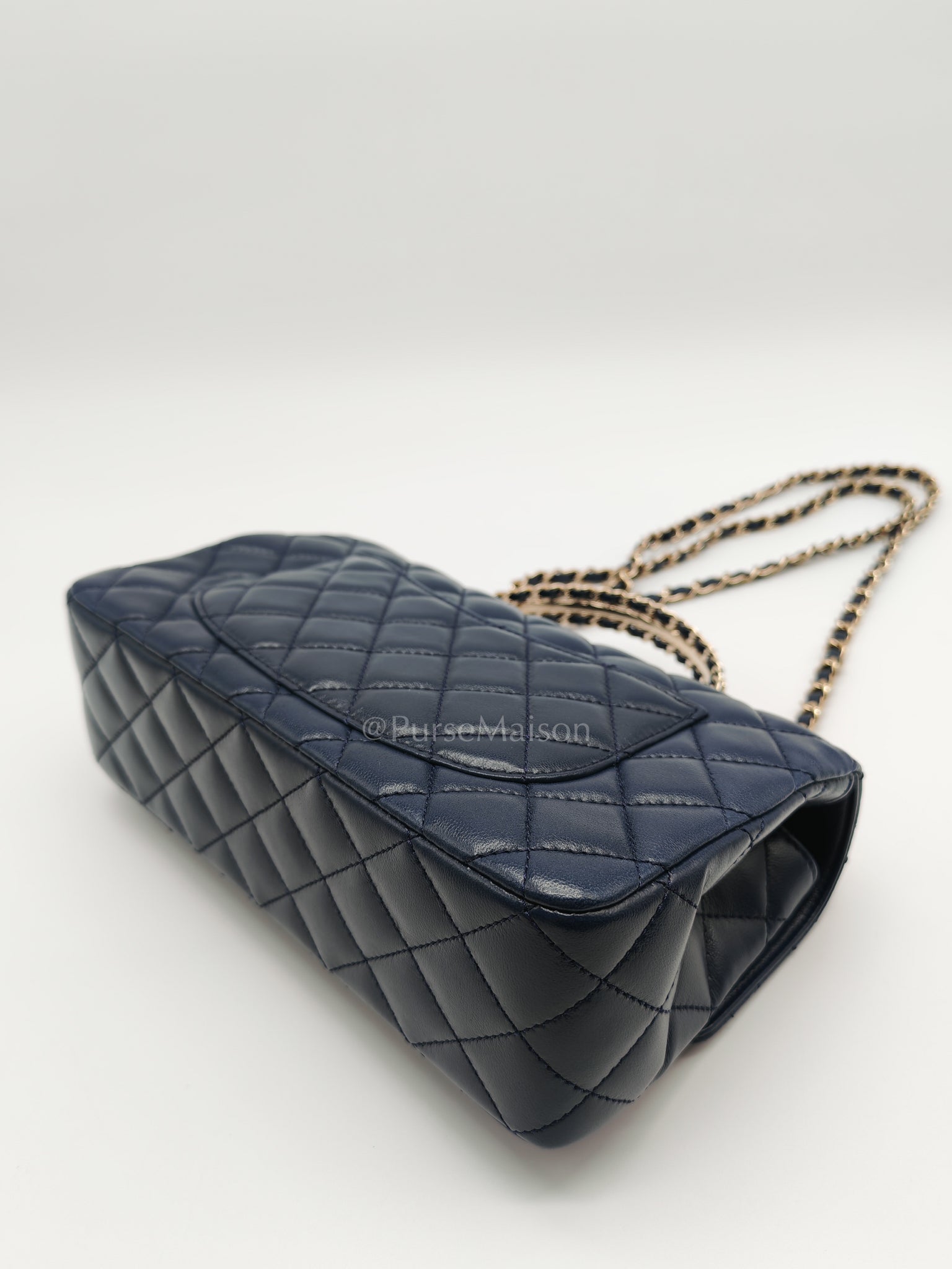 Single Flap in Crystal Top Handle Navy Blue Lambskin Leather and Light Gold Hardware Microchip | Purse Maison Luxury Bags Shop