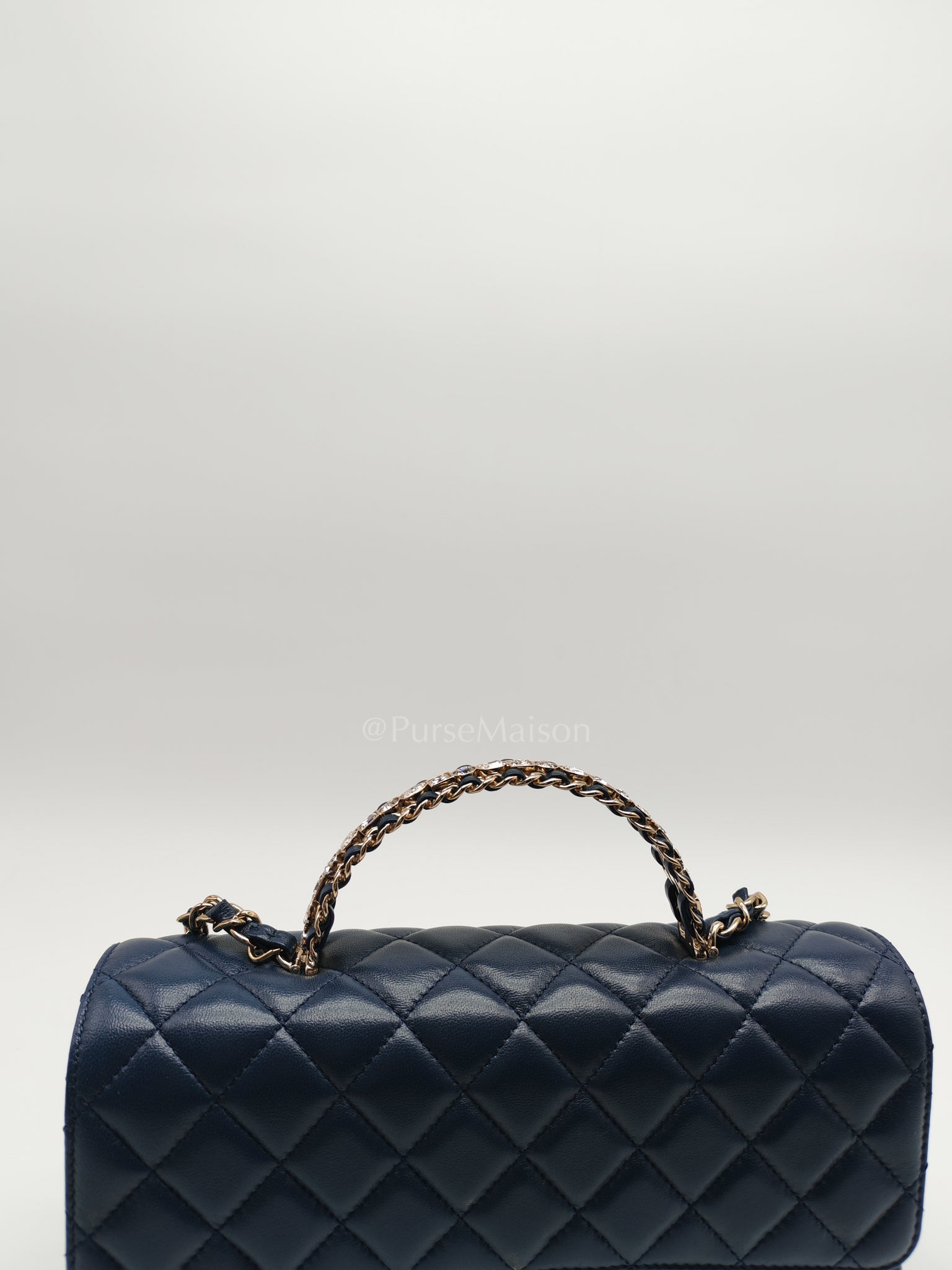 Single Flap in Crystal Top Handle Navy Blue Lambskin Leather and Light Gold Hardware Microchip | Purse Maison Luxury Bags Shop
