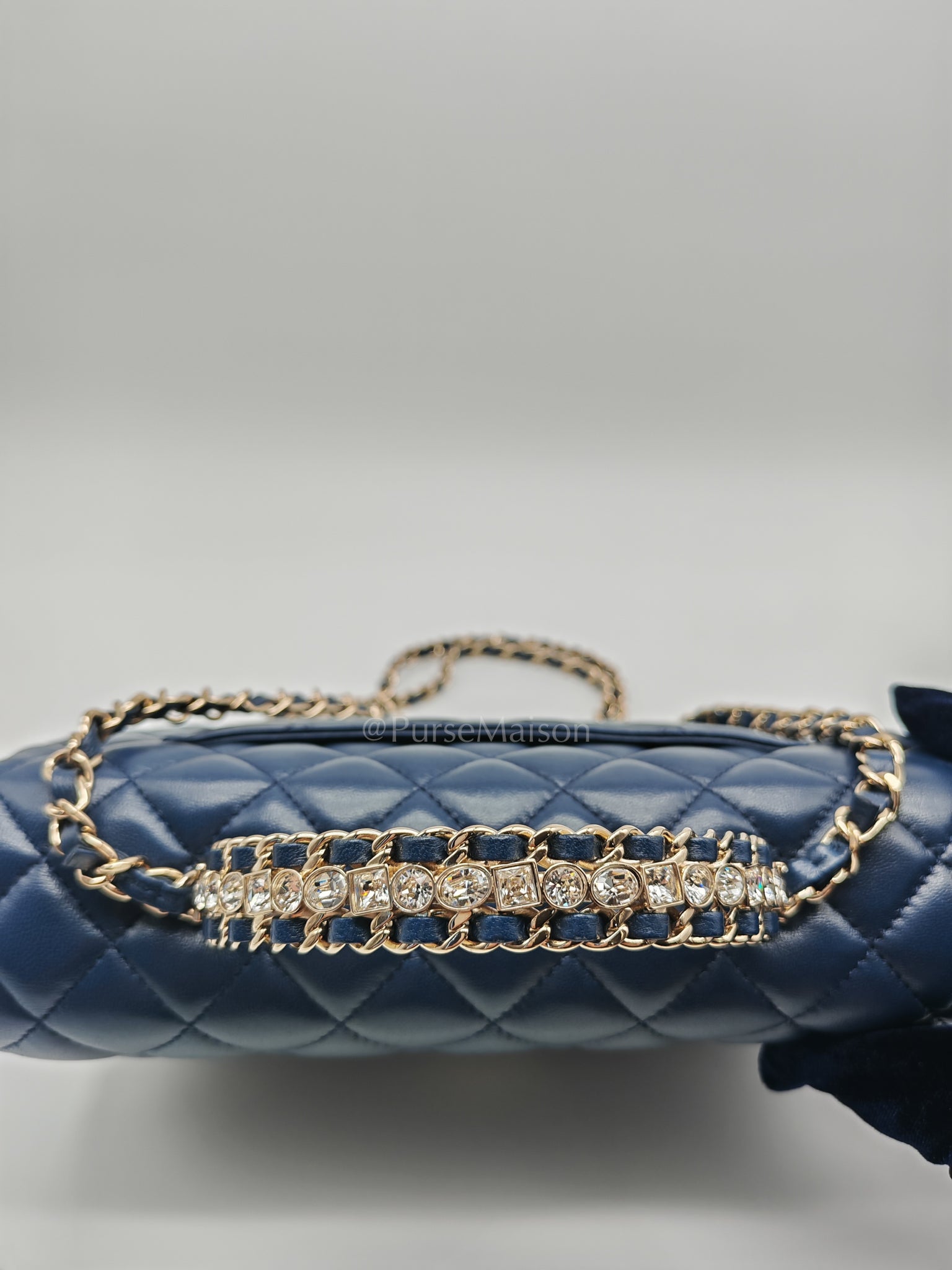 Single Flap in Crystal Top Handle Navy Blue Lambskin Leather and Light Gold Hardware Microchip | Purse Maison Luxury Bags Shop