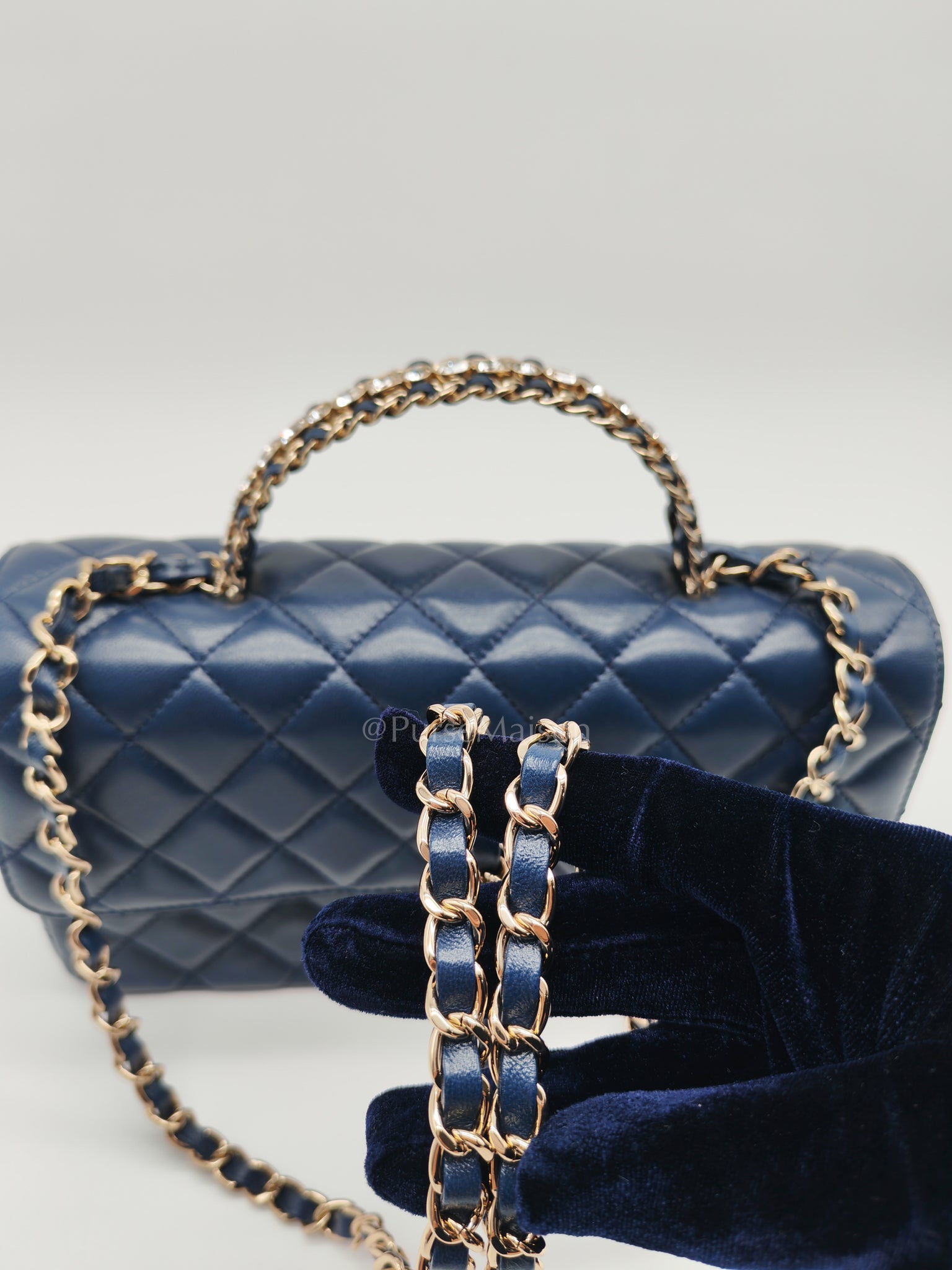 Single Flap in Crystal Top Handle Navy Blue Lambskin Leather and Light Gold Hardware Microchip | Purse Maison Luxury Bags Shop