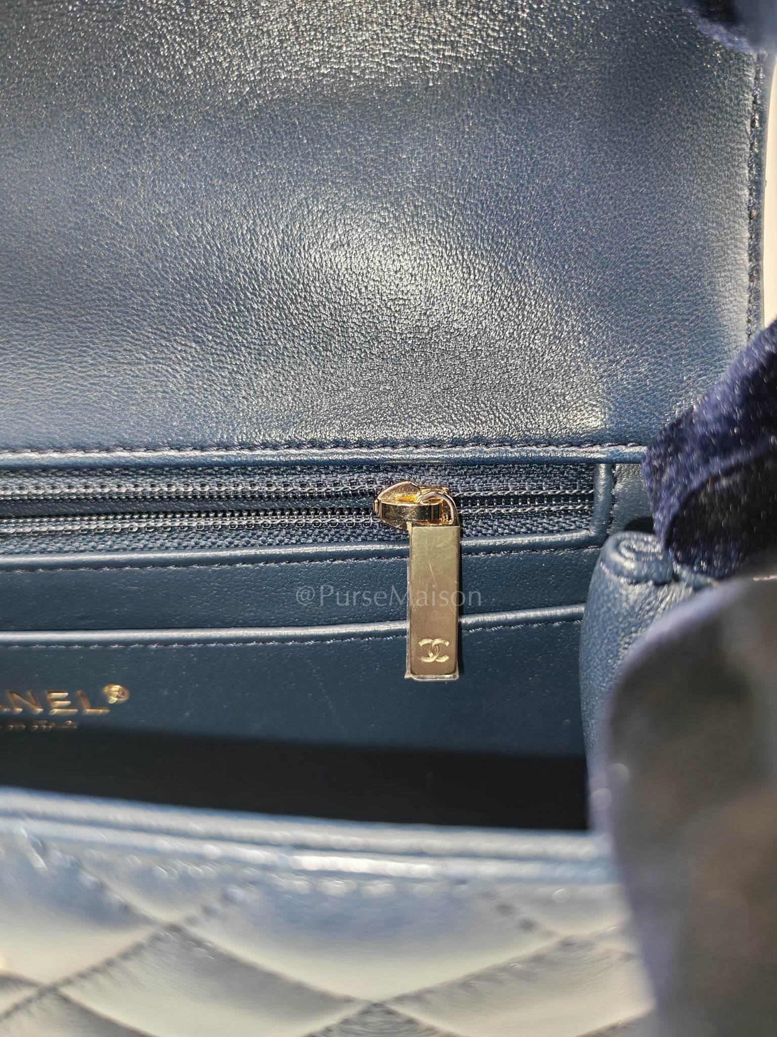 Single Flap in Crystal Top Handle Navy Blue Lambskin Leather and Light Gold Hardware Microchip | Purse Maison Luxury Bags Shop