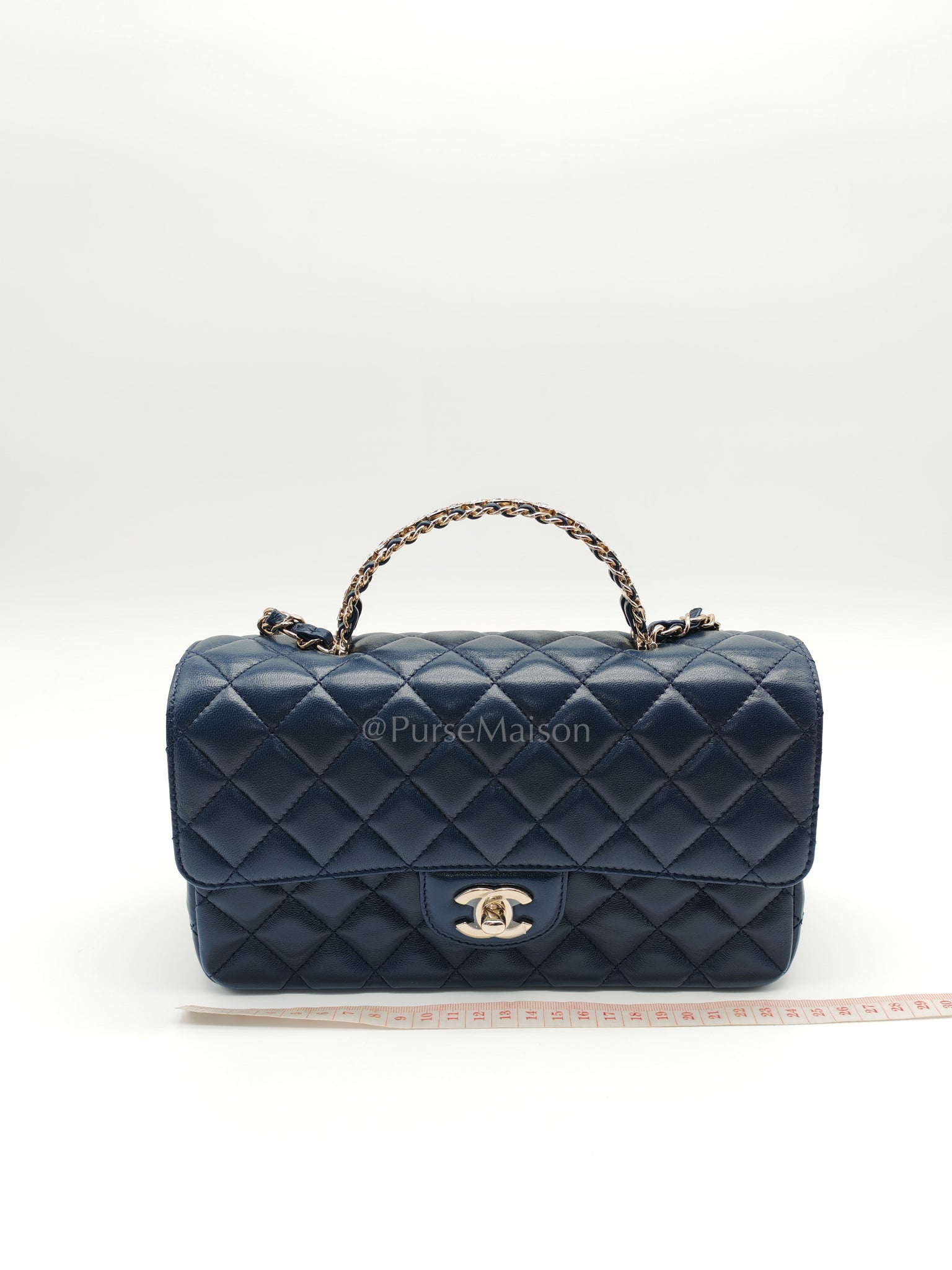 Single Flap in Crystal Top Handle Navy Blue Lambskin Leather and Light Gold Hardware Microchip | Purse Maison Luxury Bags Shop