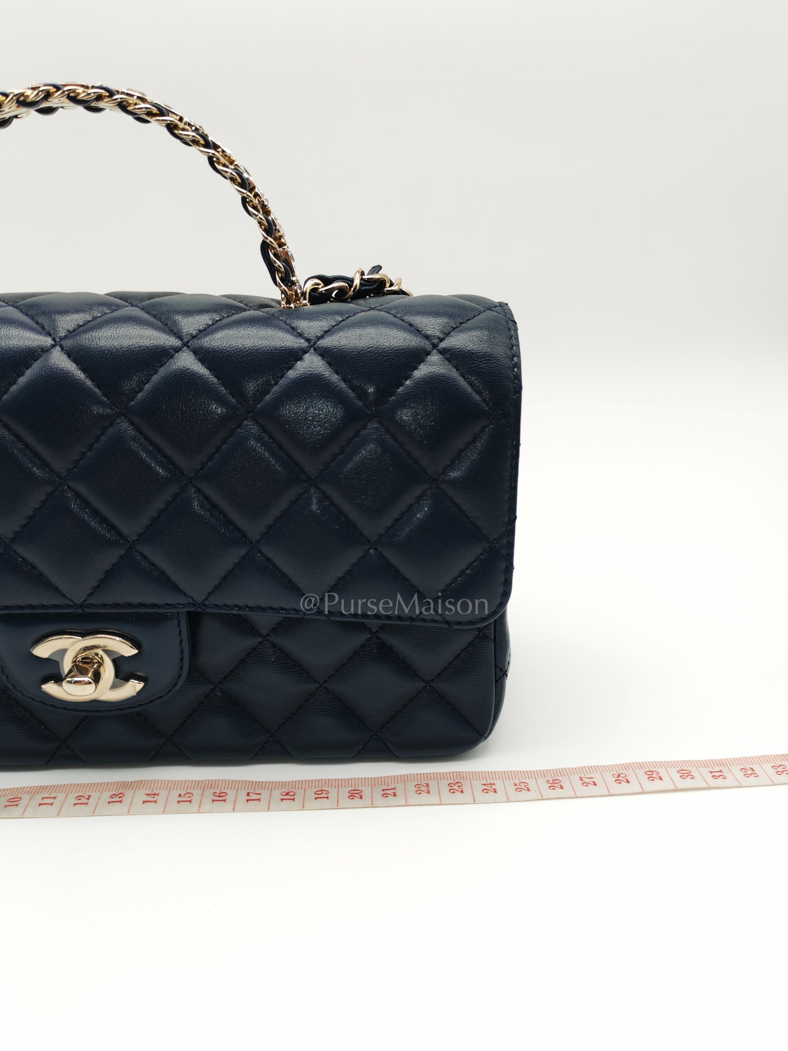 Single Flap in Crystal Top Handle Navy Blue Lambskin Leather and Light Gold Hardware Microchip | Purse Maison Luxury Bags Shop