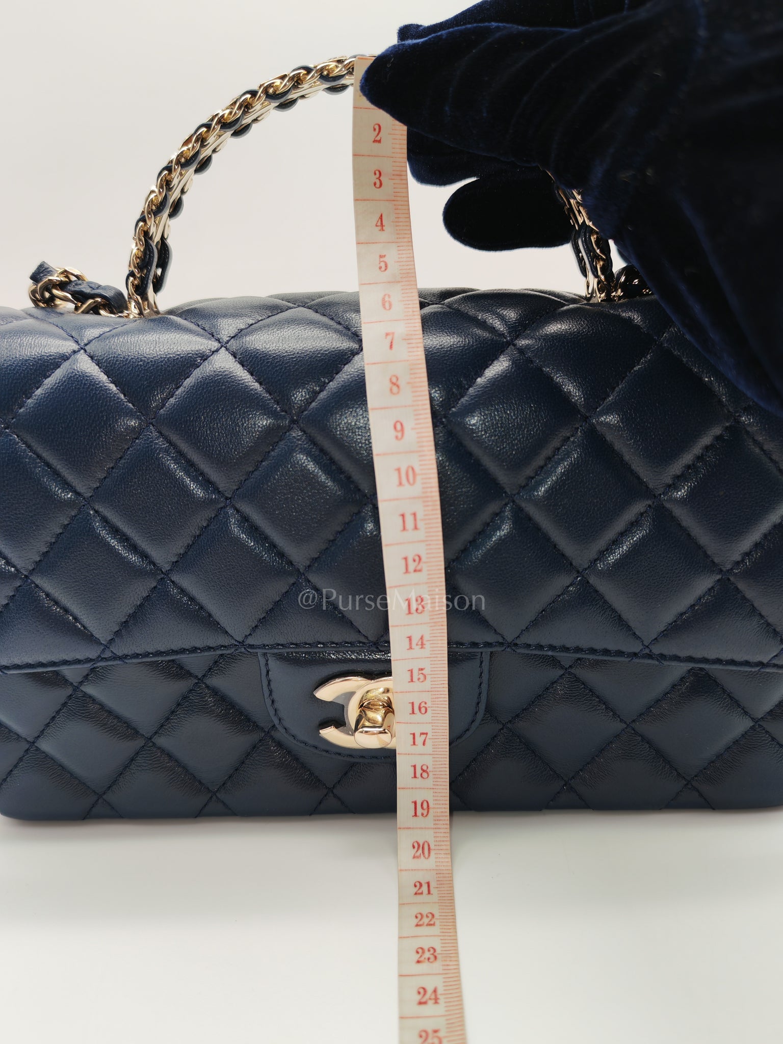Single Flap in Crystal Top Handle Navy Blue Lambskin Leather and Light Gold Hardware Microchip | Purse Maison Luxury Bags Shop